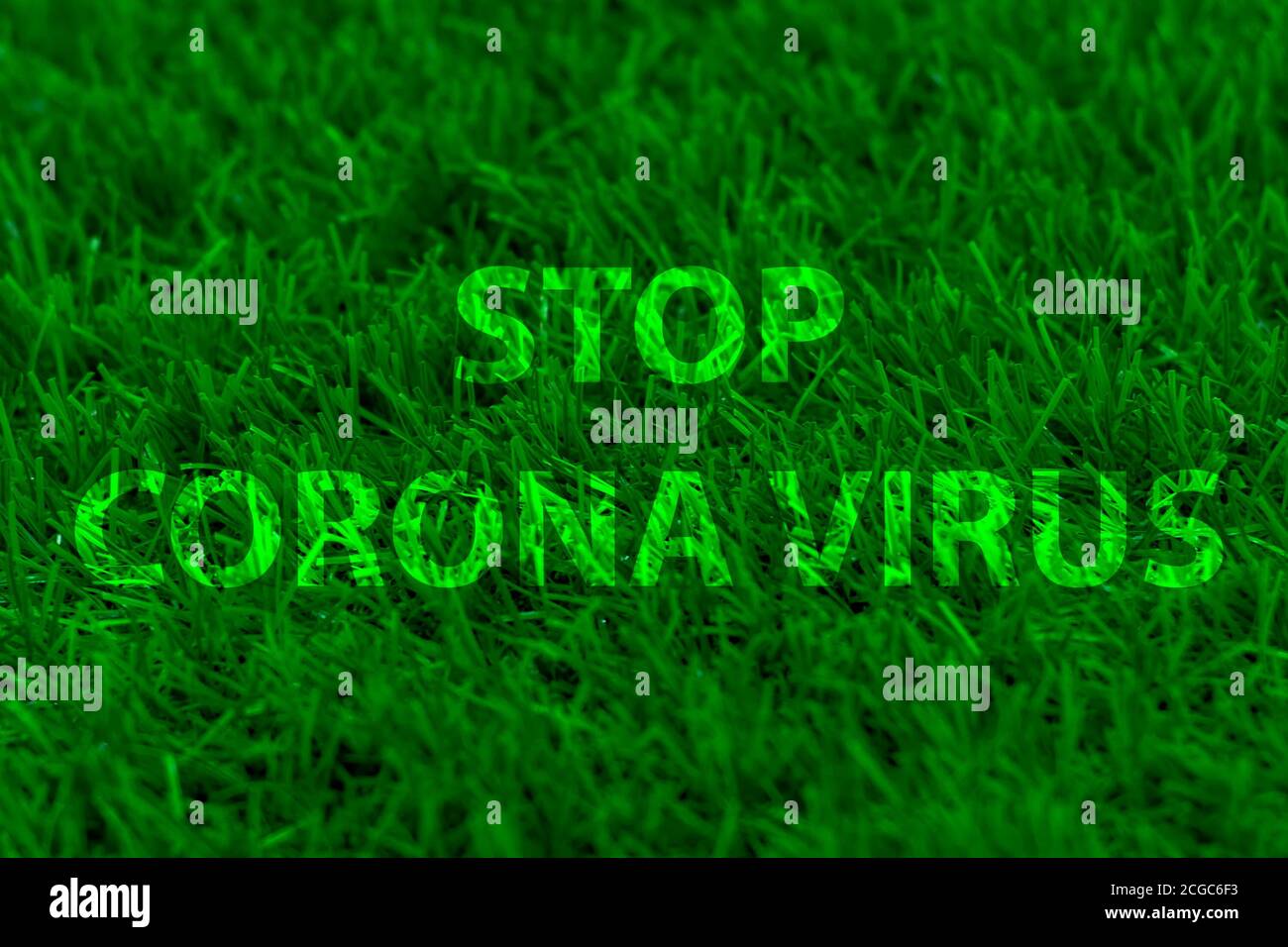 Arrêter le virus corona sur fond d'herbe verte. Mots. Banque D'Images