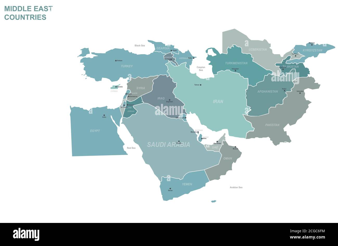 Carte vectorielle des pays du Moyen-Orient. Illustration de Vecteur