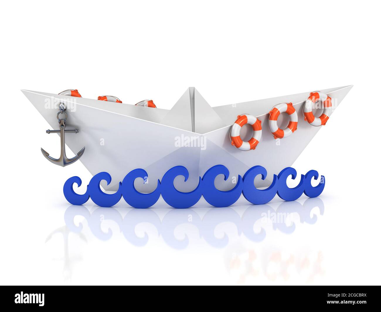 bateau en papier avec bouées de sauvetage sur des vagues abstraites Banque D'Images