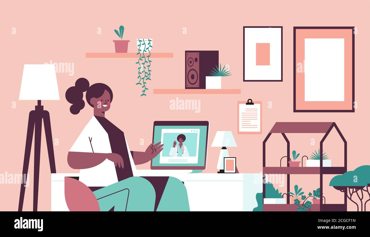 médecin sur écran d'ordinateur portable consultant african american femme patient en ligne consultation service de santé médecine concept salon intérieur portrait horizontal illustration vectorielle Illustration de Vecteur