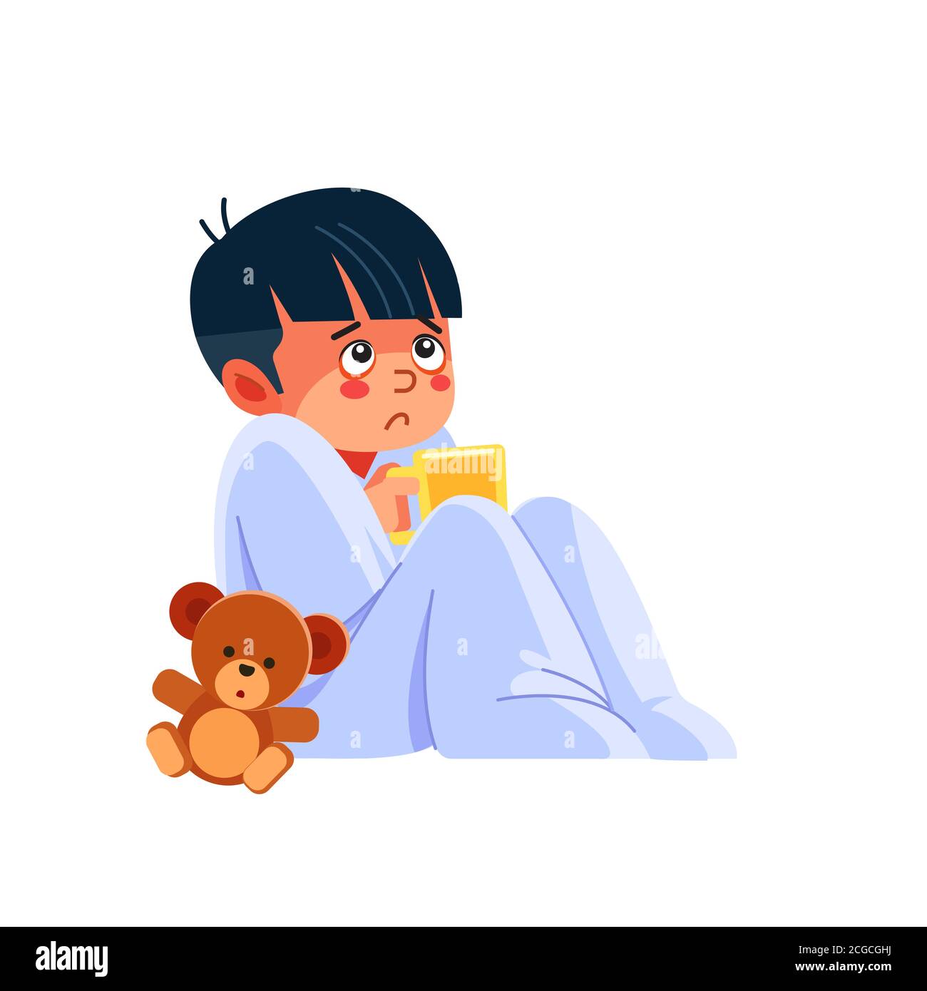 Enfant malade avec une tasse de thé. Un petit garçon triste a la grippe.  Enfant malade garçon assis dans le lit avec l'ours jouet et soufflant son  nez, se sentent si mauvais