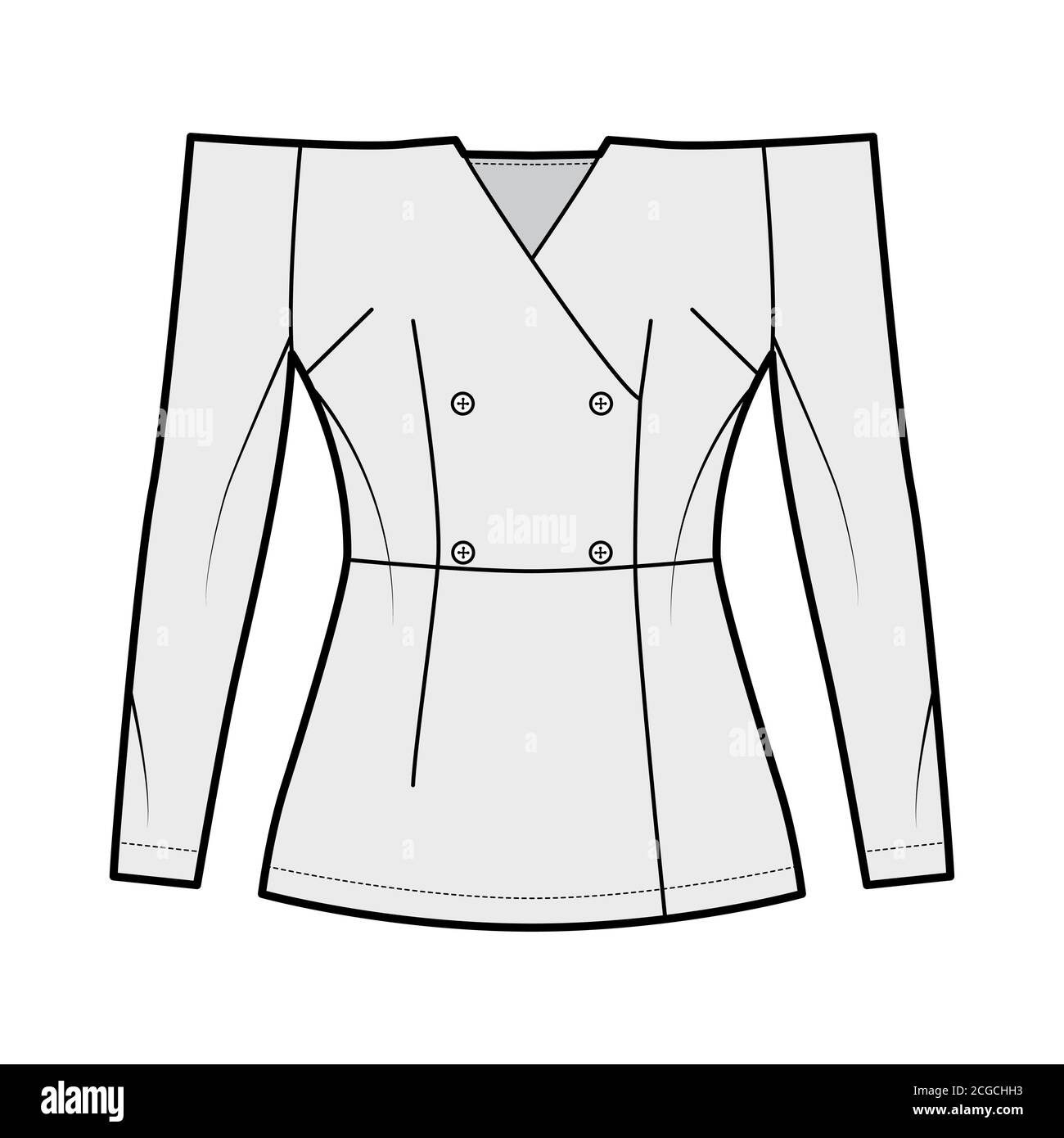 Haut croisé à l'épaule, illustration technique de la mode avec coupe  ajustée, manches longues, ouverture à boutons. Modèle de veste sans pinces  pour vêtements, couleur grise. Maquette CAD blazer unisexe pour femmes