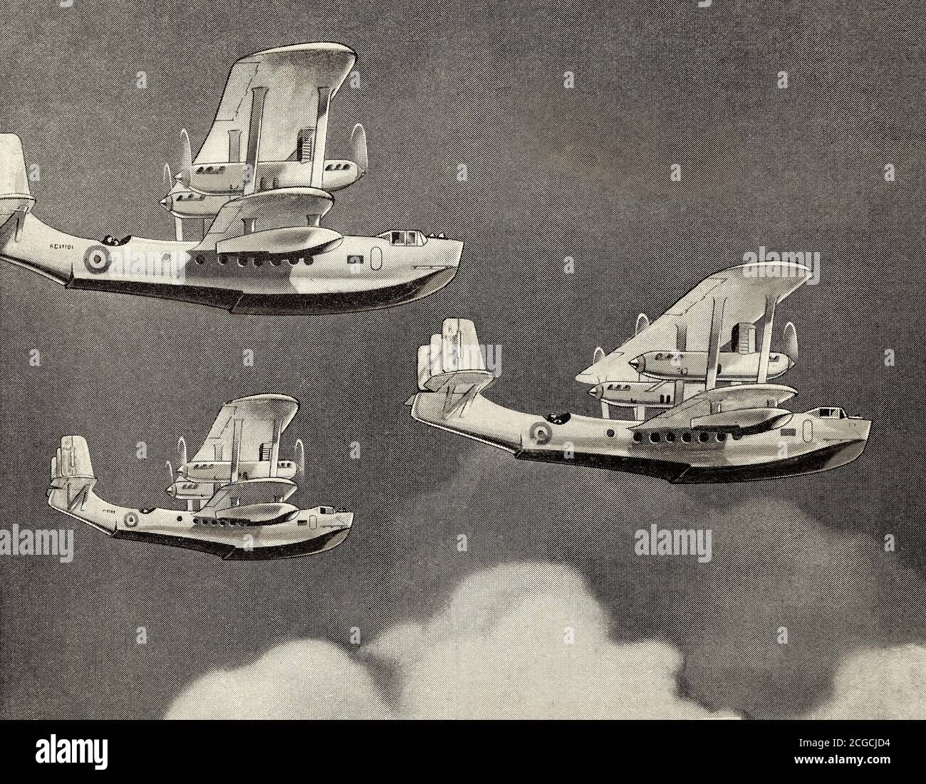 Une découpe de journal illustrant le dessin conceptuel de trois bateaux biplans de passagers de conception inhabituelle avec un triple gouvernail et deux moteurs push/pull. Peut-être conçu par Supermarine et basé sur le Walrus ou Southampton. Banque D'Images