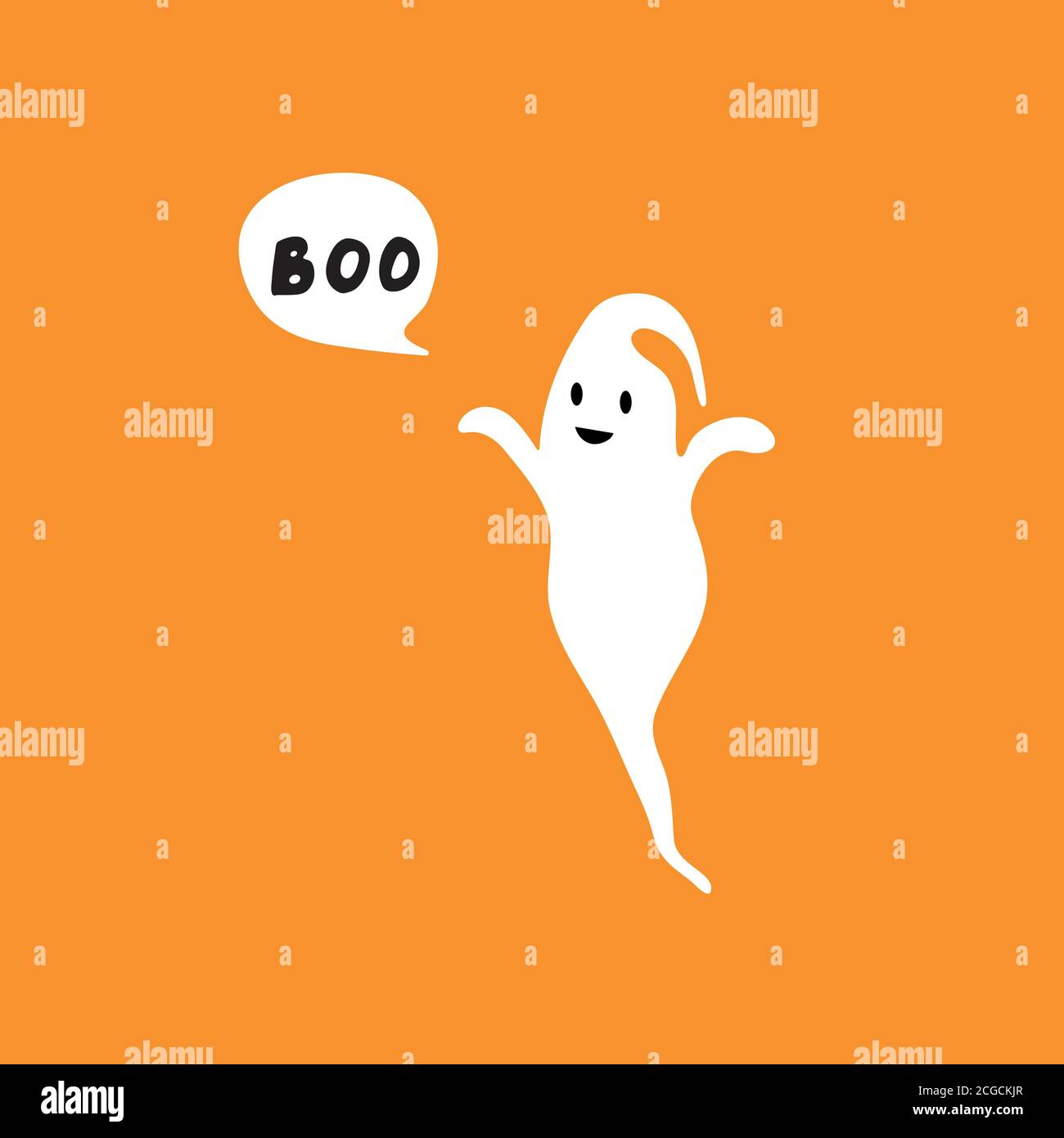 Heureux flying Ghost avec blanc bulle Boo. Visage souriant, les mains. Modèle plat. Illustration de Vecteur