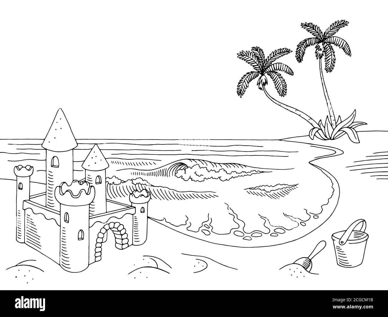 Vue d'ensemble de la côte de mer graphique château de sable noir blanc paysage illustration vecteur Illustration de Vecteur