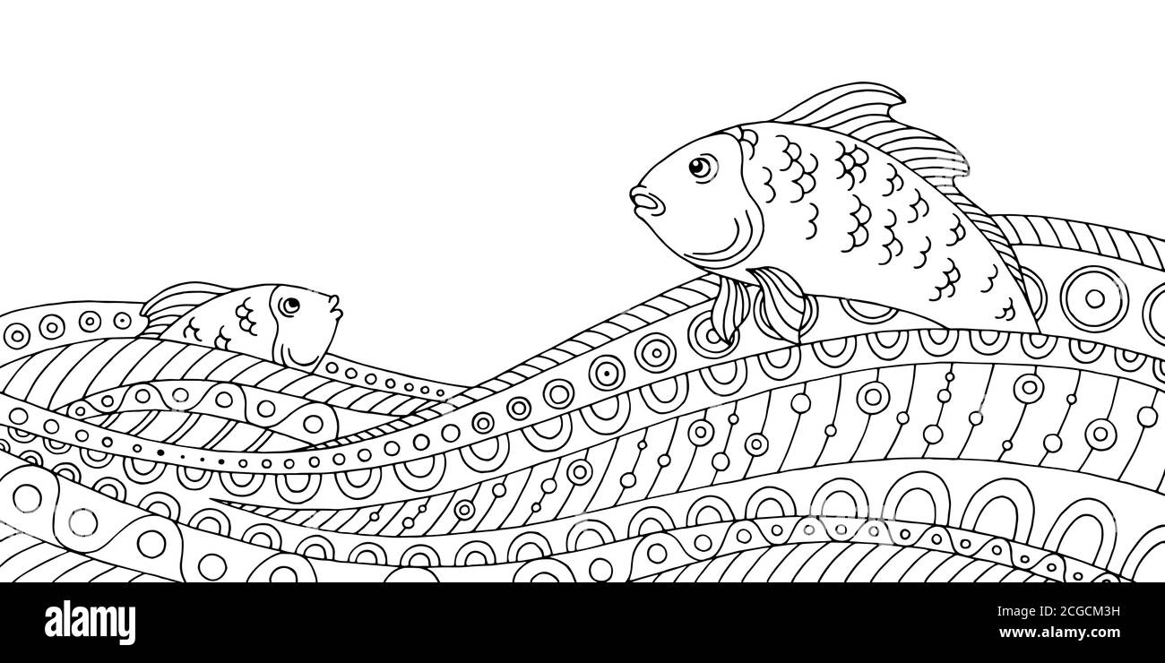 Fish Waves noir blanc graphique abstrait motif Doodle dessin illustration vecteur Illustration de Vecteur