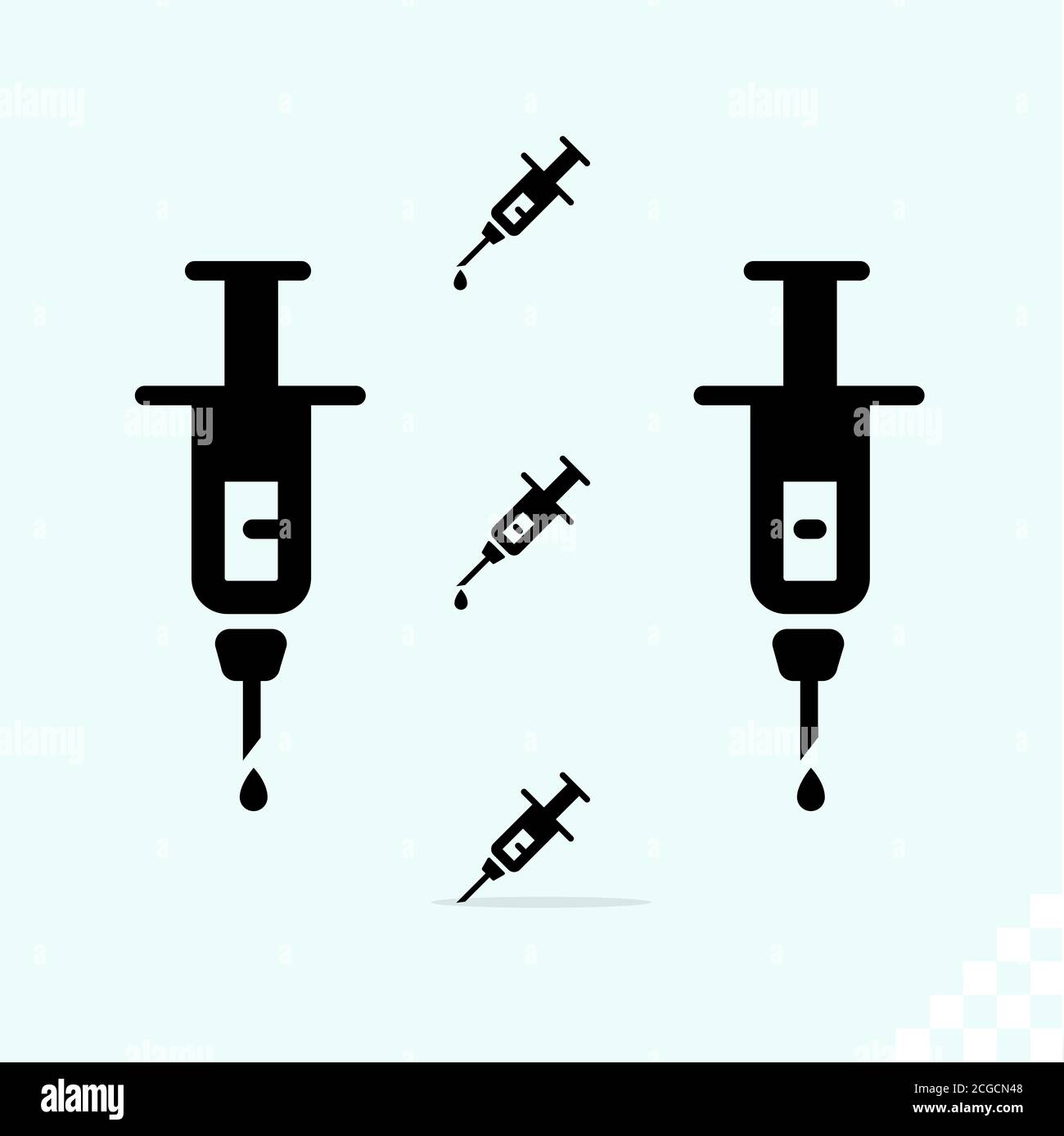 Symbole de goutte de liquide d'injection de seringue courte en noir plat style isolé sur fond gris bleu Banque D'Images