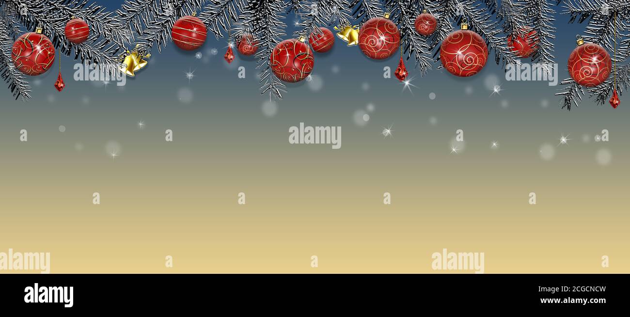 Grande bannière de Noël. Motif Noël de guirlande étincelante avec boules d'or rouge réaliste, sapin. Affiche de noël horizontale, carte de vœux, en-tête, site Web, bordure large. Placer pour le texte. Illustration 3D Banque D'Images