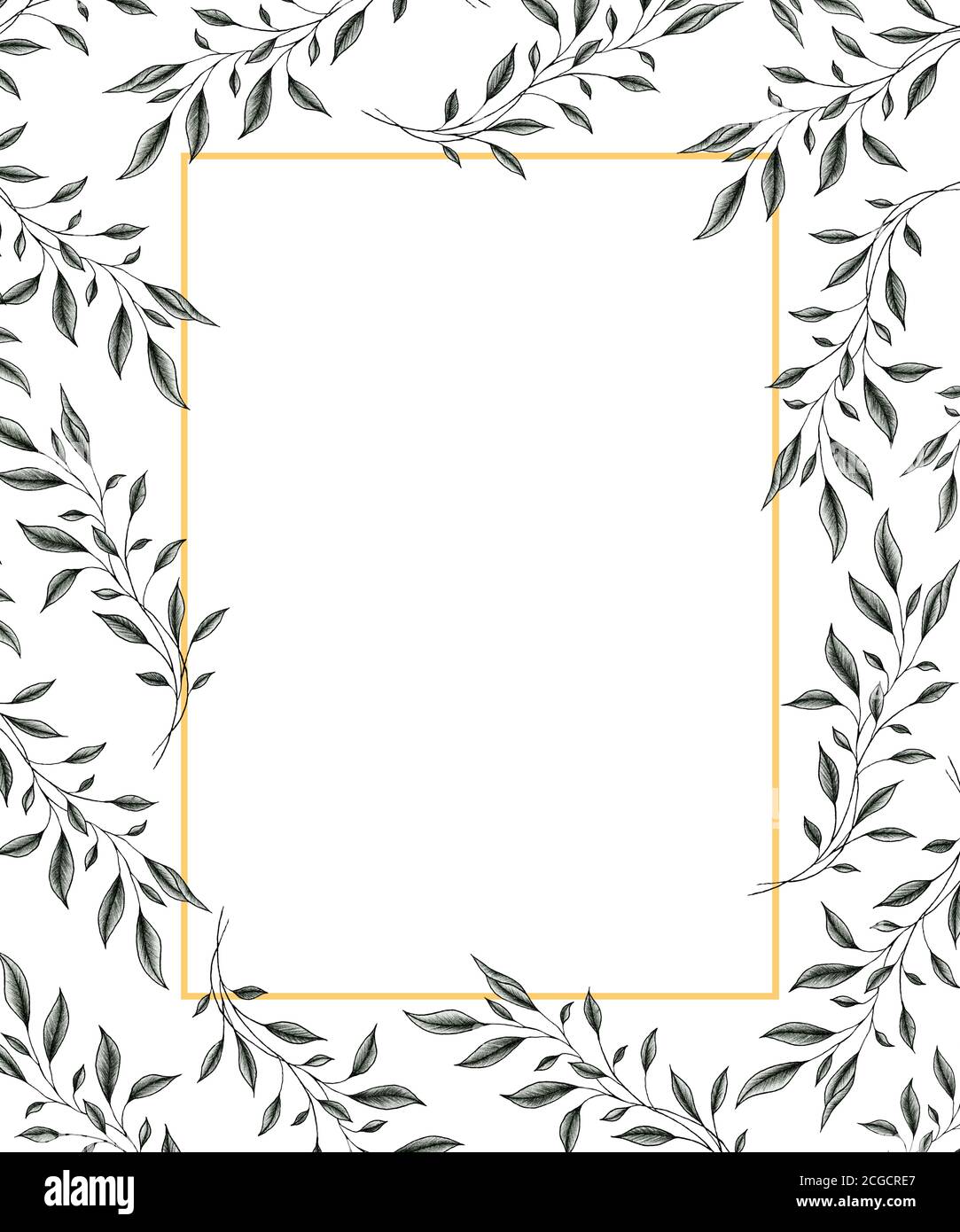 cadre doré avec dessin de feuilles vintage, motif de cadre botanique à  l'encre dessiné à la main pour les cartes, invitations de mariage ou cartes  de vœux, décor de dessin floral noir