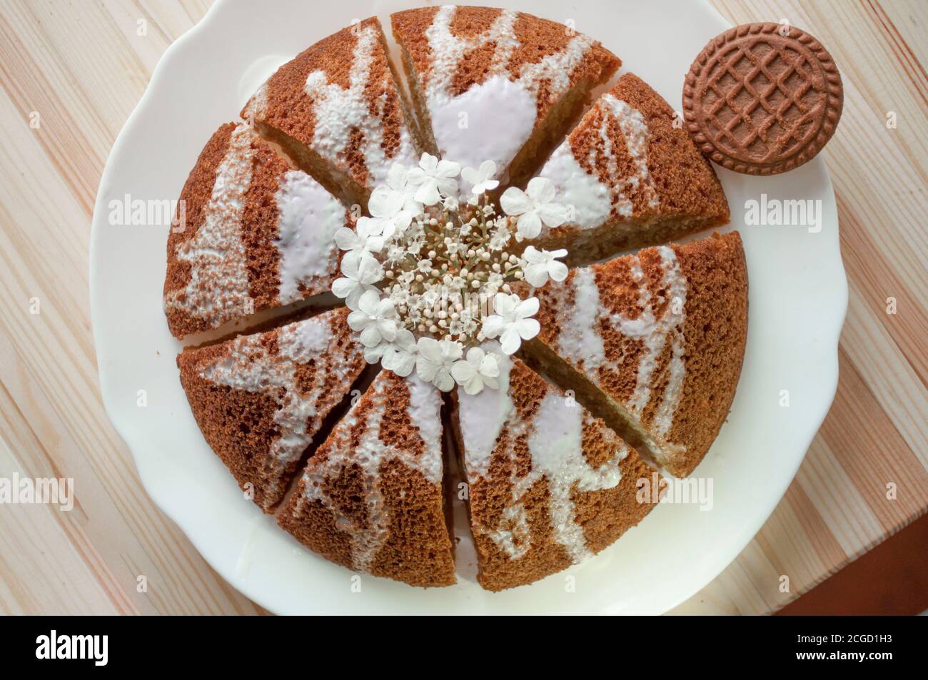 Tranché, divisé tarte éponge en portion sur un fond en bois. Gâteau foncé, arrosé de glaçage blanc, décoré de fleurs blanches de viburnum . Min Banque D'Images