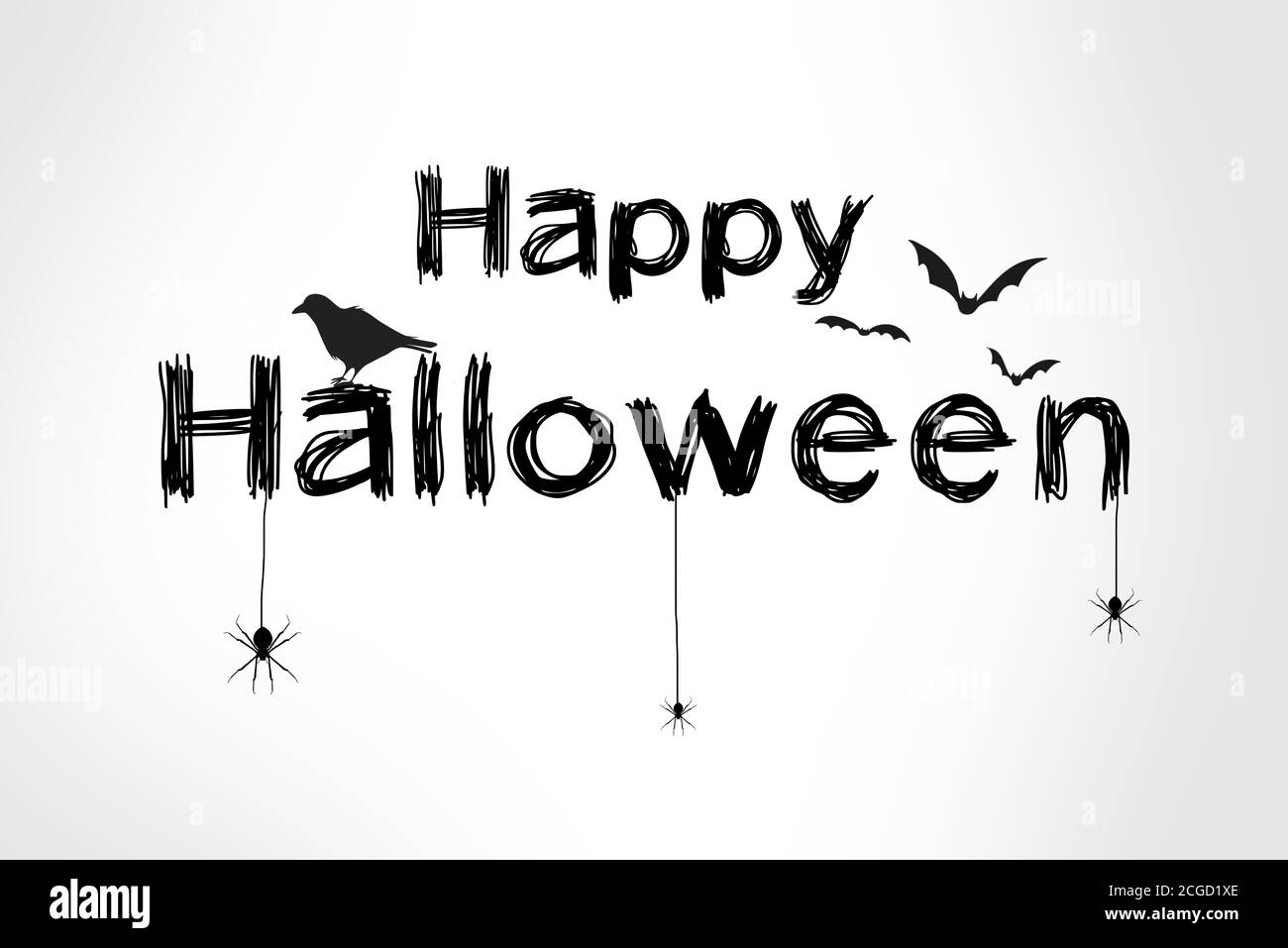 Happy halloween texte noir sur carte avec araignées, corbeau et chauves-souris. Illustration sur fond blanc dégradé Banque D'Images