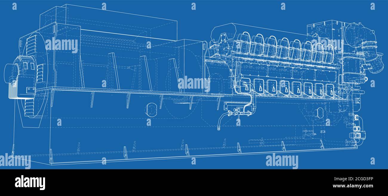 Générateur de diesel de secours industriel haute tension à une génération d'énergie. Les calques de lignes visibles et invisibles sont séparés. Format EPS10. Fil-f Illustration de Vecteur