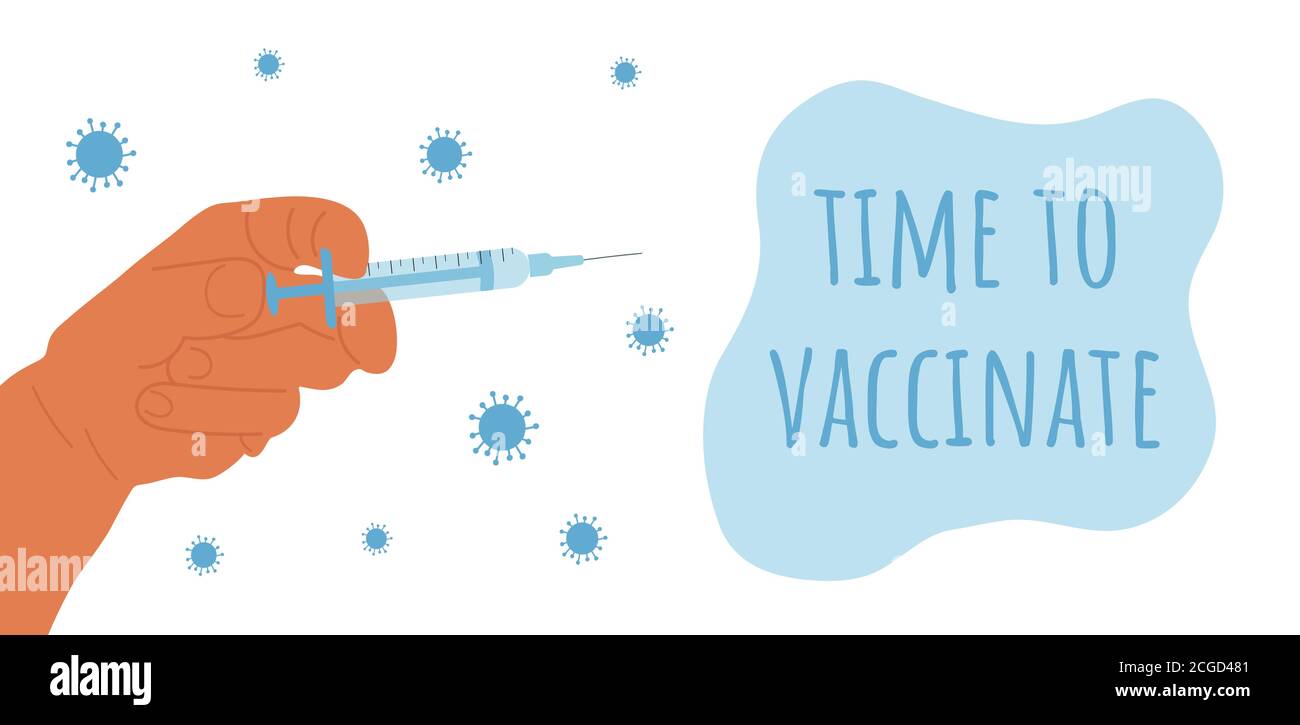 la main de dessin animé tient une seringue avec un vaccin. Temps de lettrage pour vacciner. Modèle de bannière de soins de santé et de protection. Page d'accueil. Vecteur Illustration de Vecteur