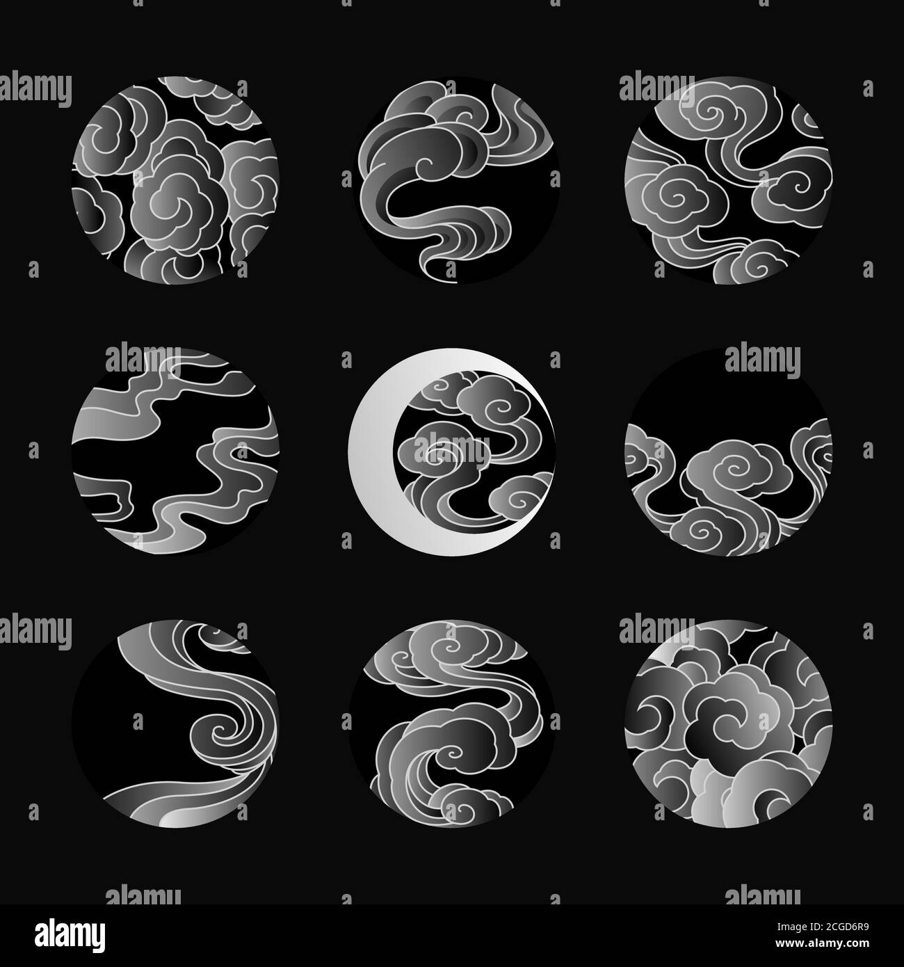 Illustration abstraite de l'art vectoriel de nuages en forme de cercle, de rond, de lunaire et d'éclipse. Style dégradé comme tatouage, logo, décoratif. Illustration de Vecteur