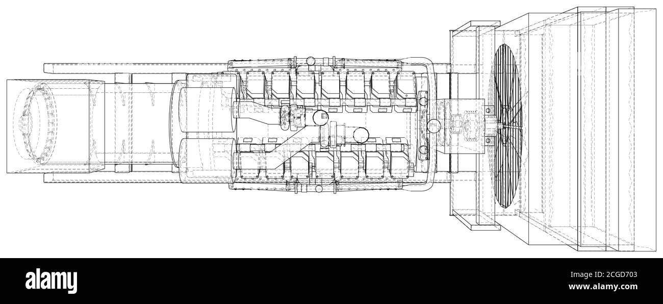 Générateur de diesel de secours industriel haute tension à une génération d'énergie. Les calques de lignes visibles et invisibles sont séparés. Format EPS10. Fil-f Illustration de Vecteur