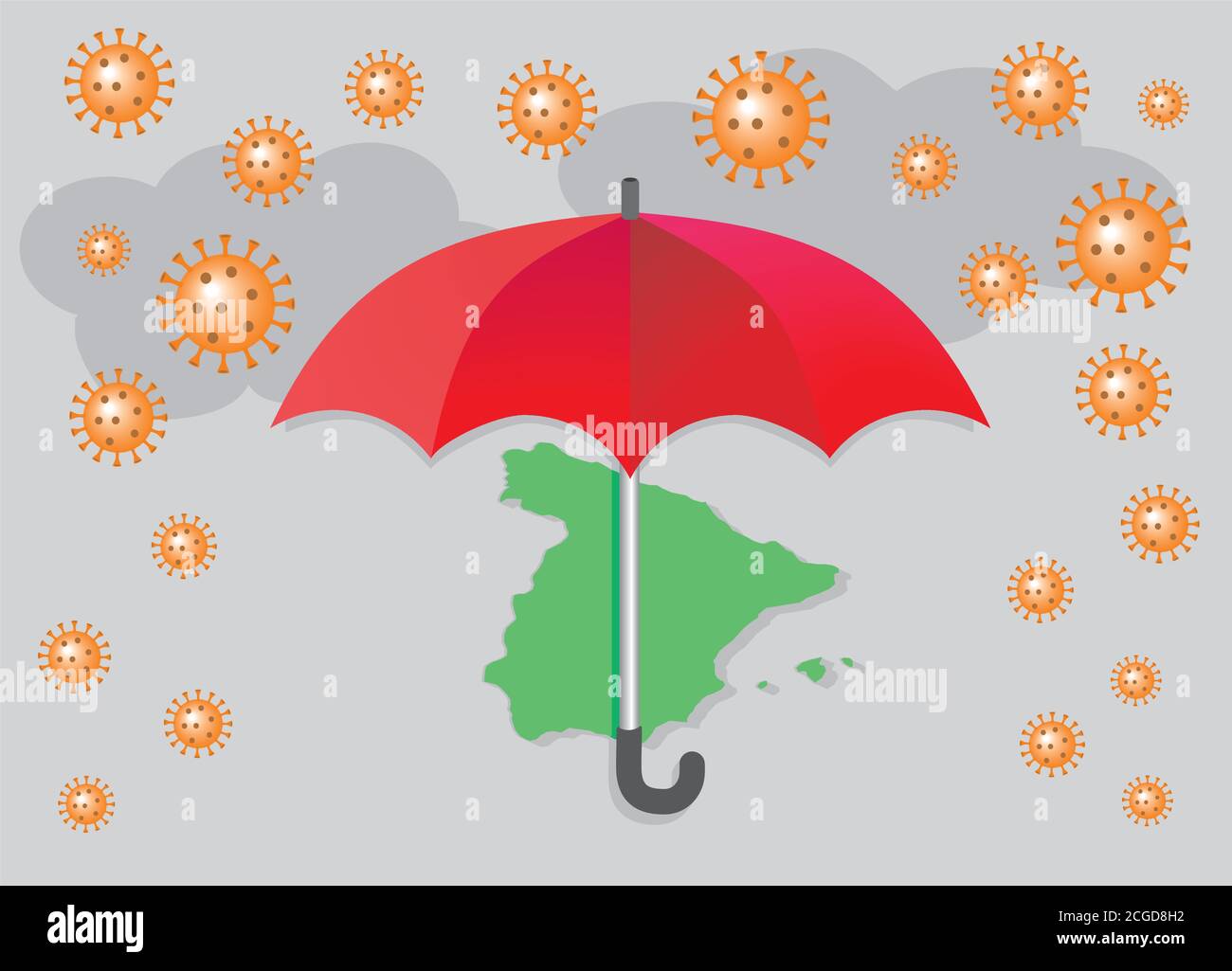 Carte ESPAGNE.Parapluie rouge, nuages et pluie de virus Corona. Illustration de Vecteur