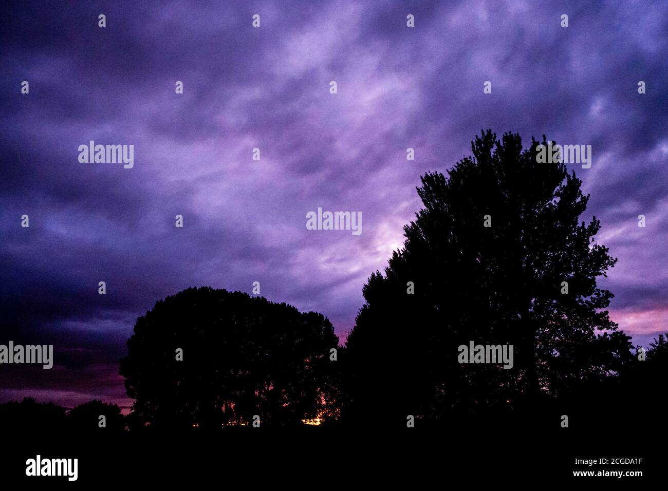 Arbres contre un ciel nocturne très nuageux au coucher du soleil, West Bridgford, Notinghamshire, Angleterre, Royaume-Uni Banque D'Images