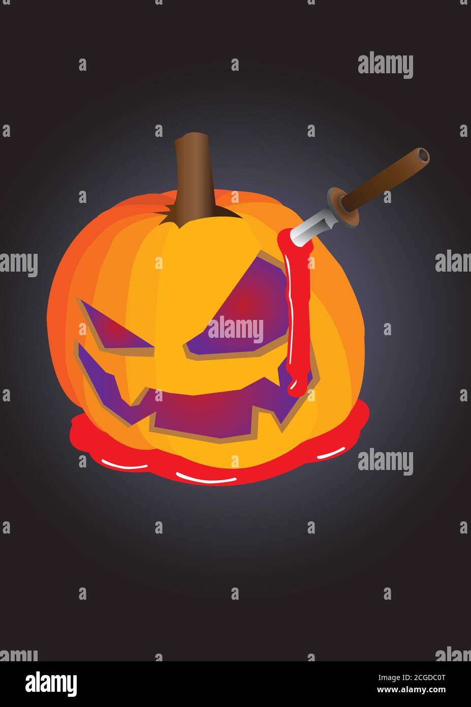La citrouille a été portée avec le visage maléfique poignardée avec un couteau et une corvée de sang pour Halloween horrow. Illustration vectorielle isolée sur fond noir. Illustration de Vecteur