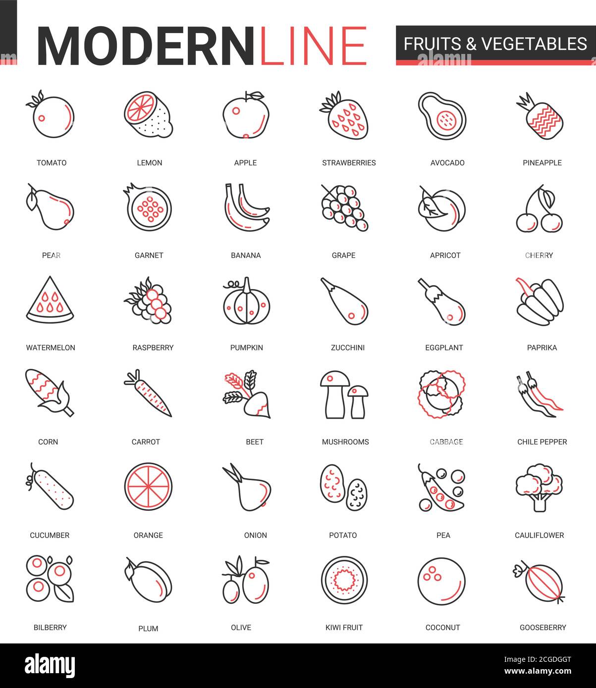Fruits légumes plat fin rouge ligne noire icône vecteur illustration ensemble avec contour frais bio aliments végétariens symboles, collection de pomme de maïs, carotte oignon pomme de terre avocat champignons tomate Illustration de Vecteur