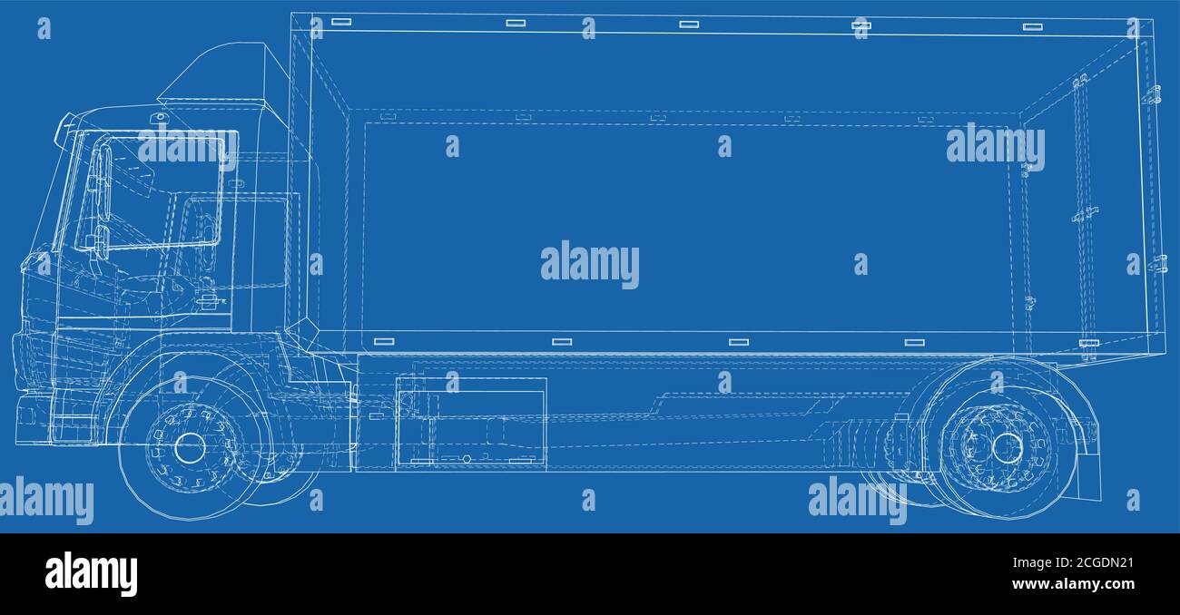 Vecteur d'illustration de camionnette commerciale. Ligne de cadre de fil isolée. Rendu vectoriel 3D. Illustration de Vecteur