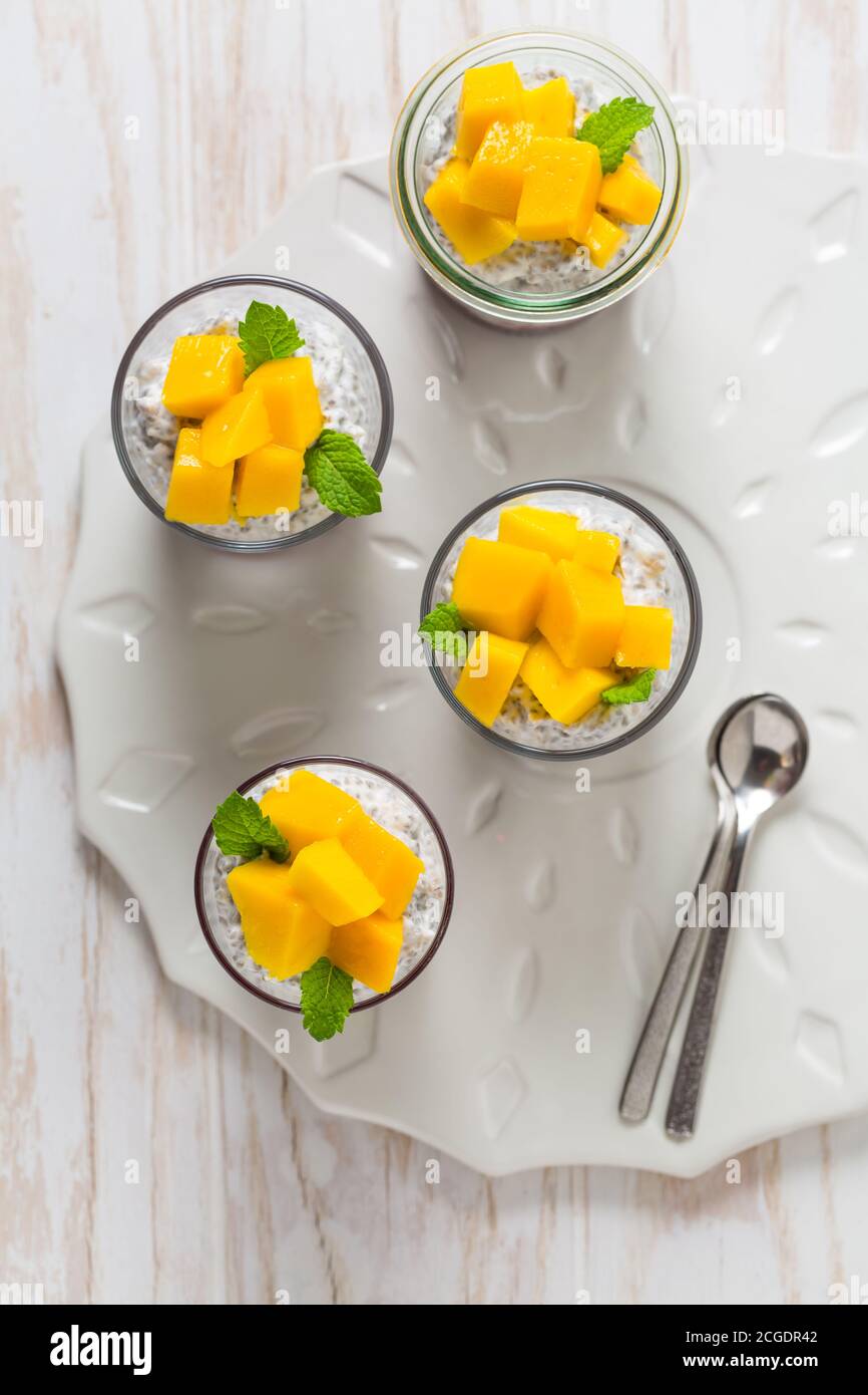 Pudding de graines de chia sain avec yaourt, mousse de framboise et mangue fraîche Banque D'Images