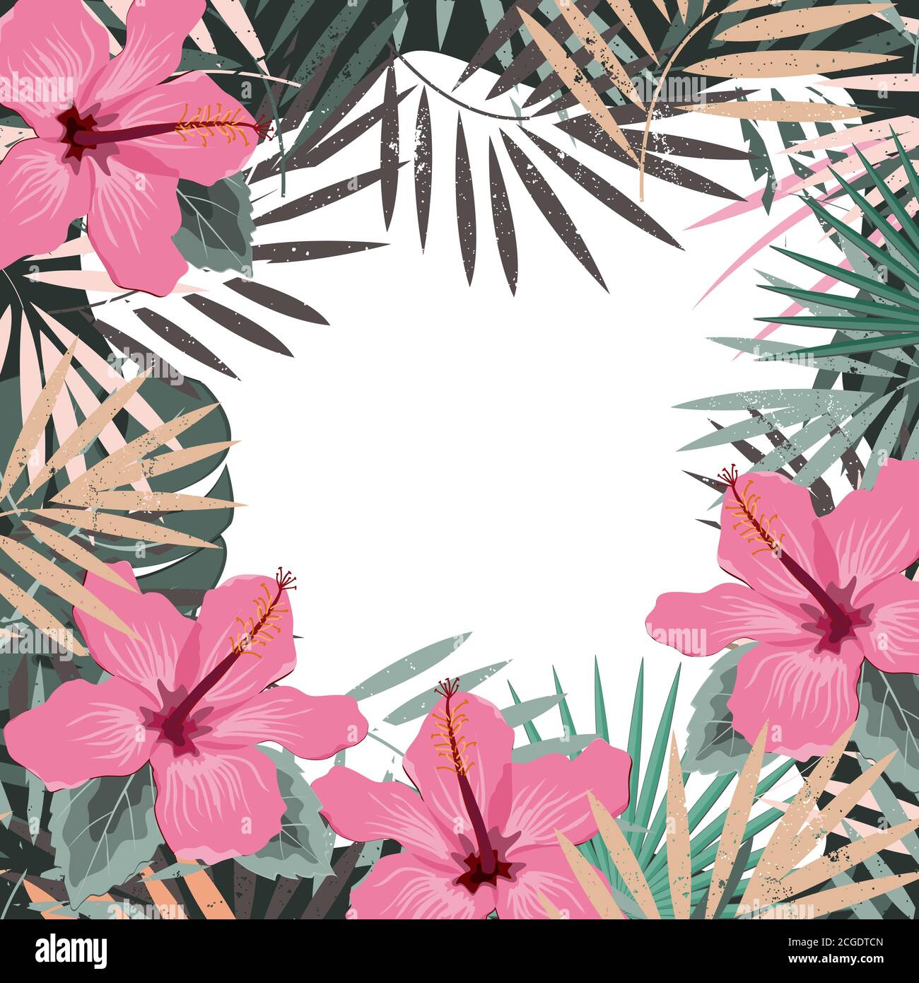 Bordure d'été carrée avec feuilles de palmier tropicales et fleurs d'hibiscus. Arrière-plan du cadre tropique. Illustration vectorielle pour cartes, arrière-plans de pages Web Illustration de Vecteur