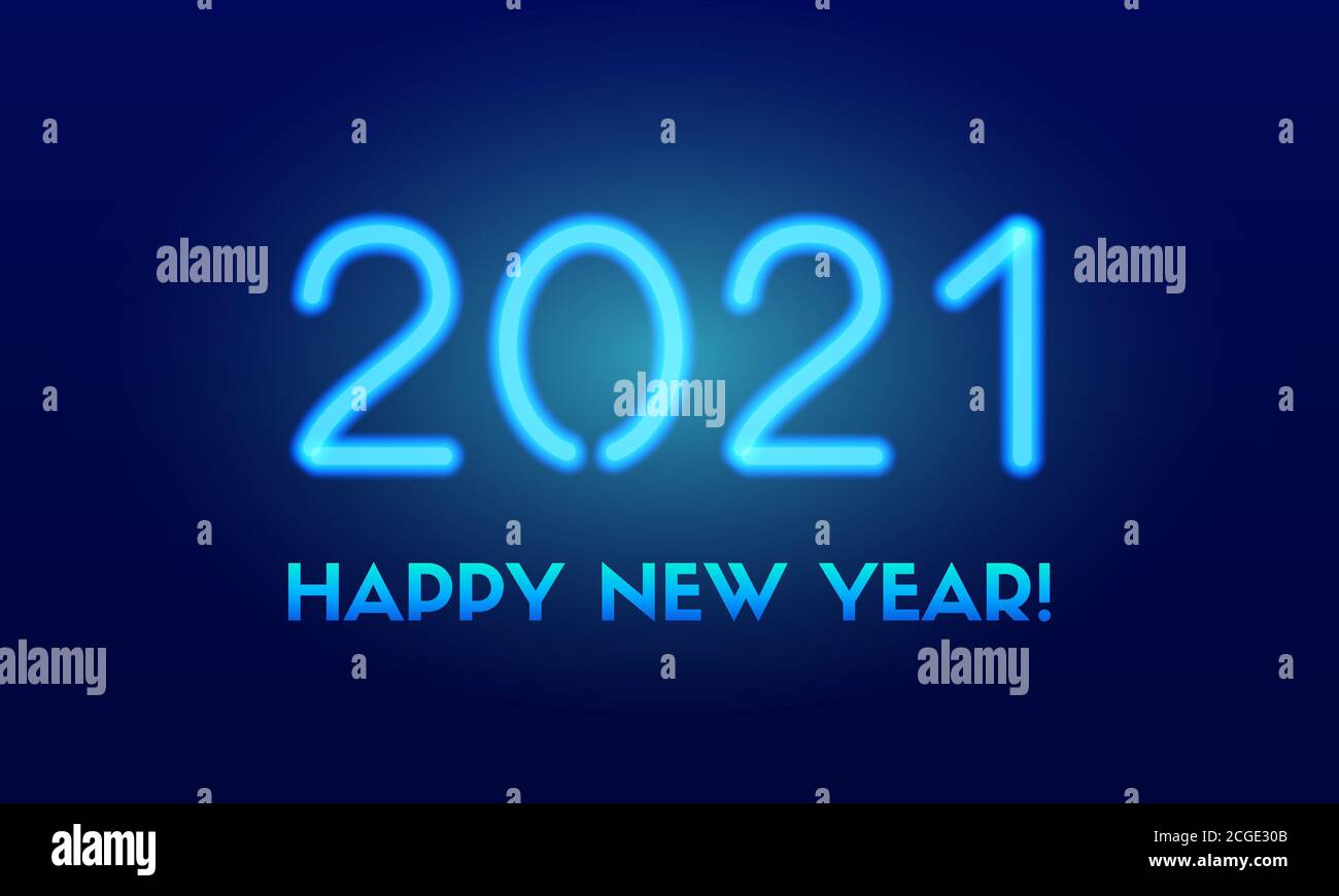2021 Bonne Année. Carte de vœux vectorielle avec 2021 chiffres au néon turquoise sur fond sombre Illustration de Vecteur