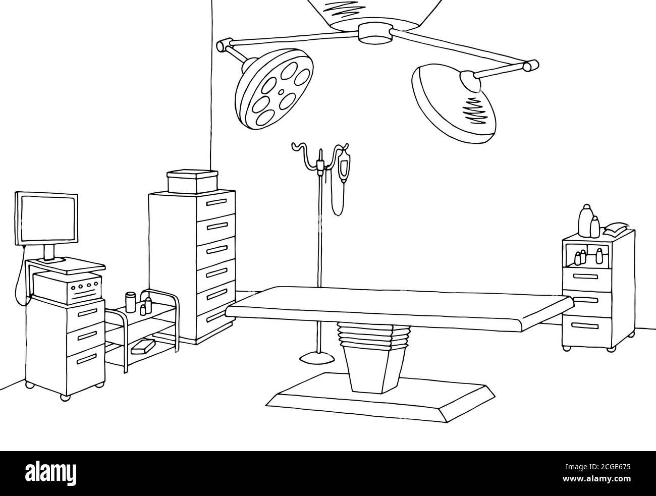 Schéma de l'intérieur de la salle d'opération, noir blanc, schéma vectoriel Illustration de Vecteur