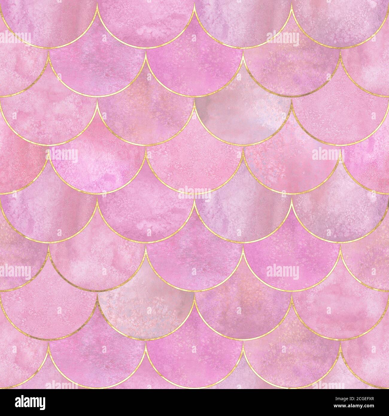 Mermaid pèse-poisson vague japonais luxueux coloré sans couture motif. Aquarelle fond rose pastel dessiné à la main avec ligne dorée. Echelle d'aquarelle sha Banque D'Images