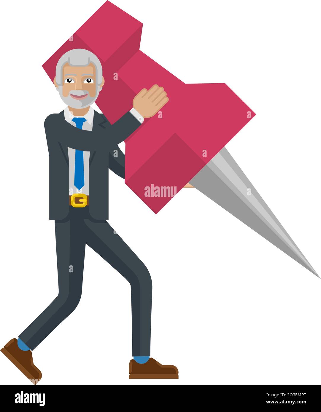 Homme d'affaires mature tenant une mascotte de broche Thumb Tack Illustration de Vecteur