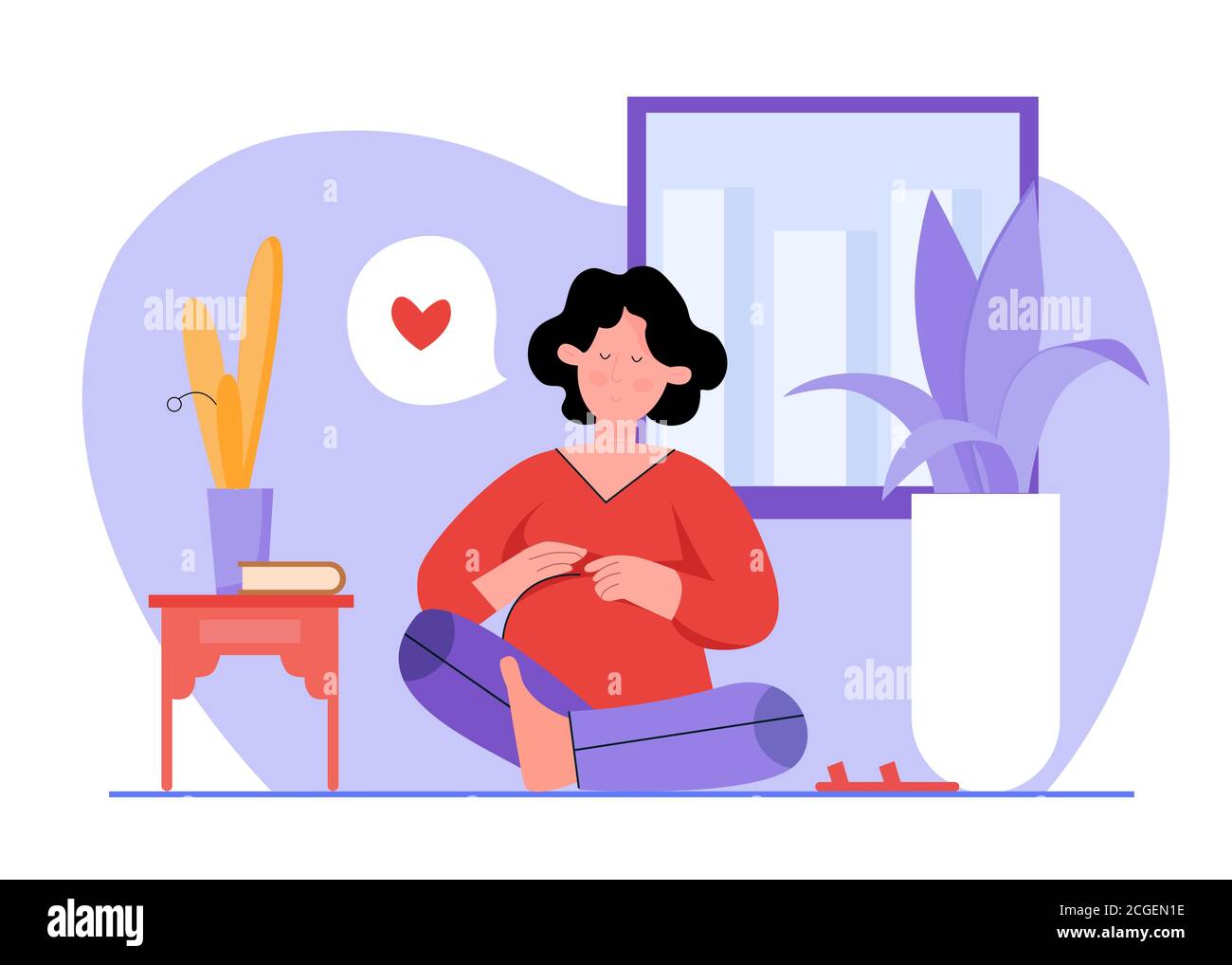 Yoga pour femme enceinte illustration vectorielle plate. Caricature heureuse femme personnage relaxant à l'intérieur de la maison, méditant dans lotus yogi asana, pratiquant la grossesse saine lifessyle isolé sur blanc Illustration de Vecteur