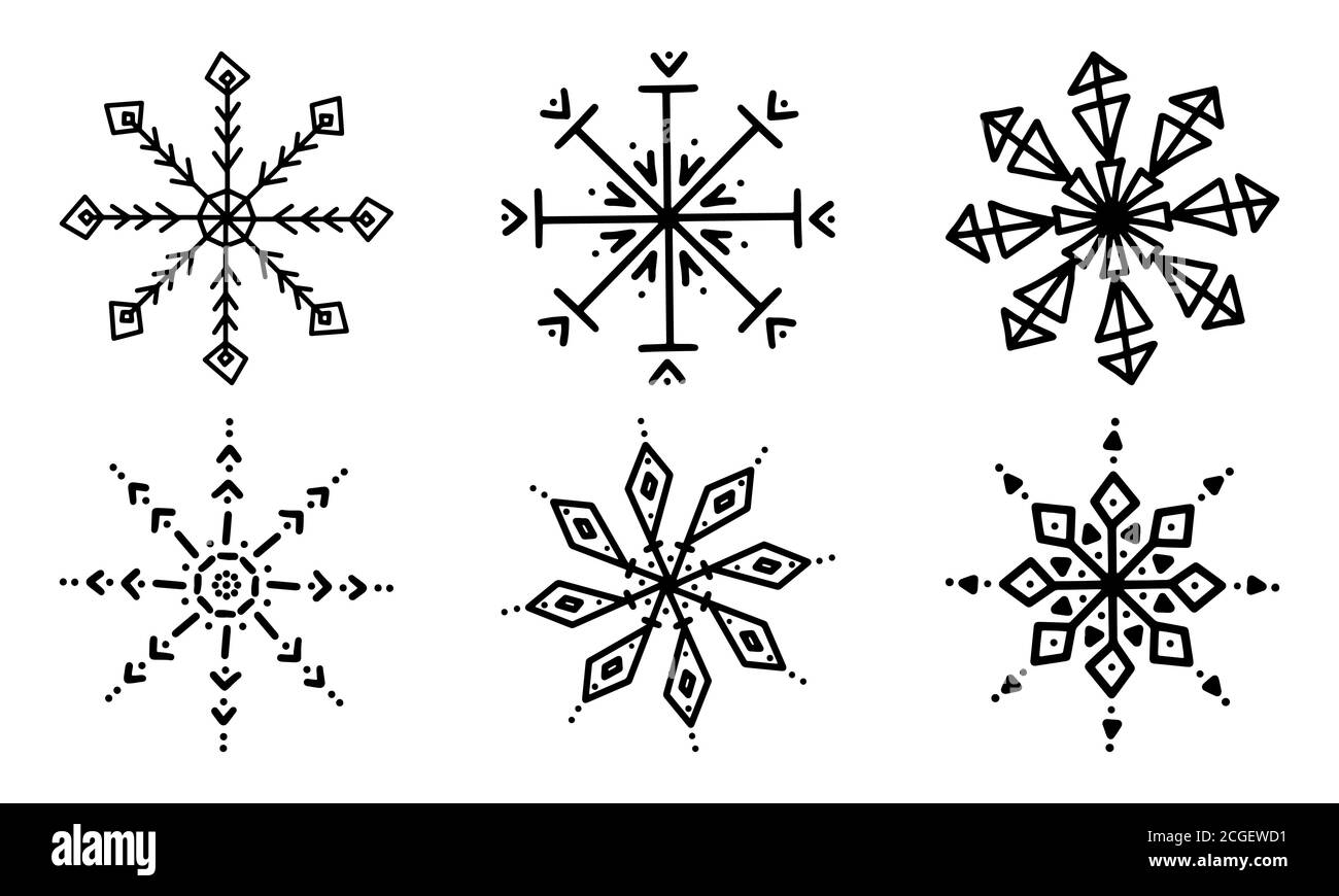 Ensemble de flocons de neige dessinés à la main. Isolé sur fond blanc. Illustration de Vecteur