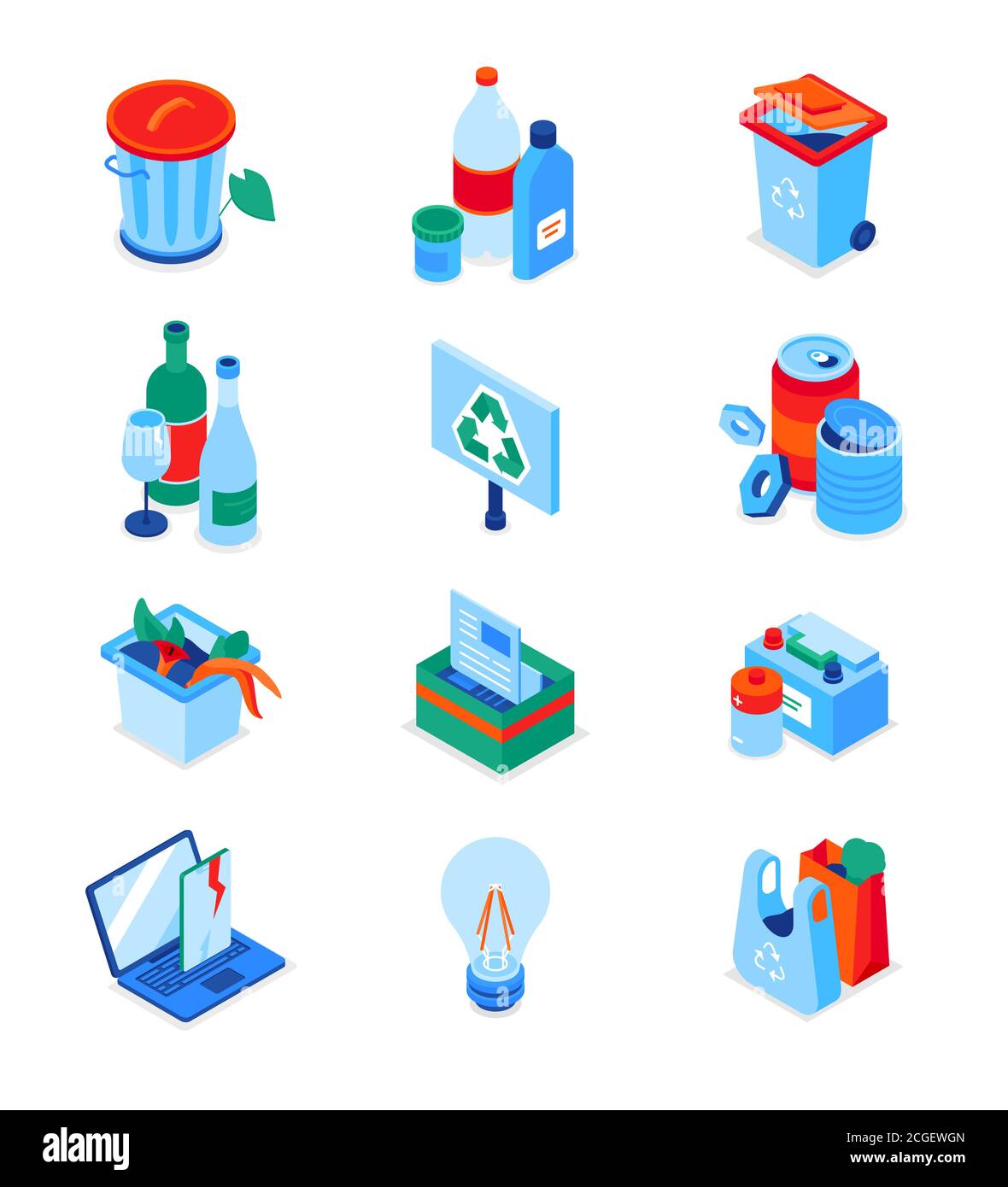 Tri des déchets - ensemble moderne d'icônes isométriques colorées Illustration de Vecteur
