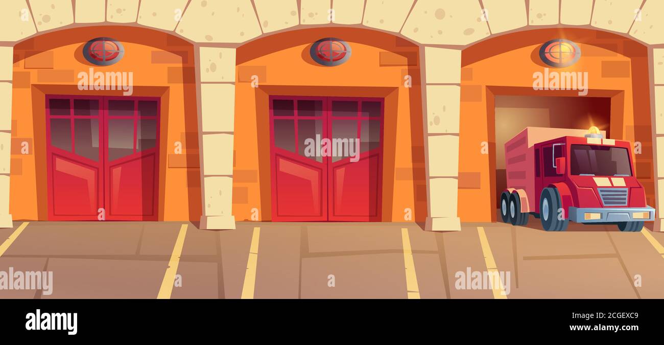 Camion rouge quittant la boîte de garage de la caserne de pompiers. Voiture avec signalisation de conduite sur appel d'urgence depuis le foyer. Service municipal de la ville, hangars avec portes fermées et ouvertes Illustration vectorielle de dessin animé Illustration de Vecteur