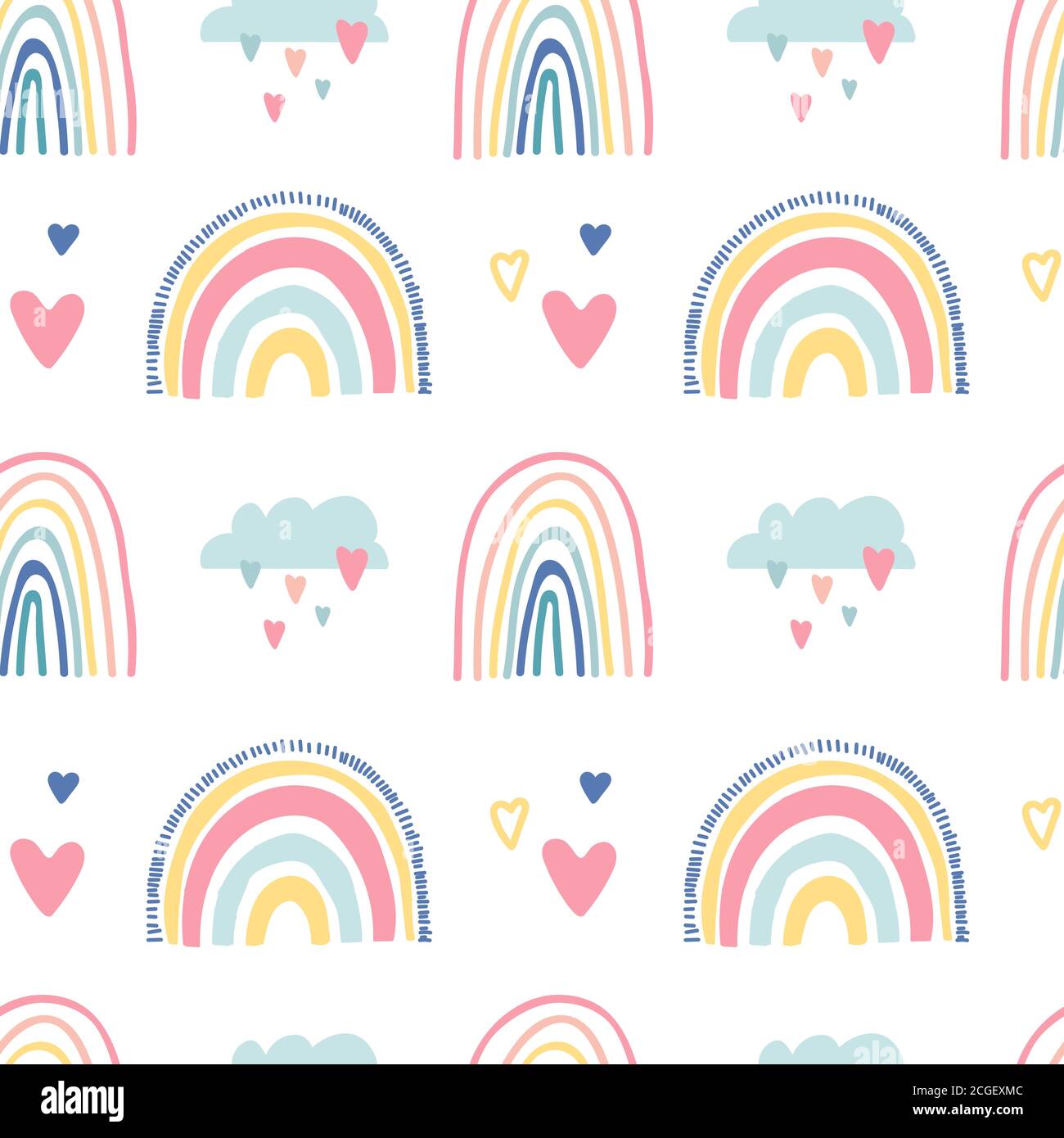 Garderie d'enfants. Joli motif sans couture dessiné à la main avec des arcs-en-ciel, des nuages et des coeurs souriants. Douche de bébé. Motif enfant pour le papier peint, l'emballage Illustration de Vecteur