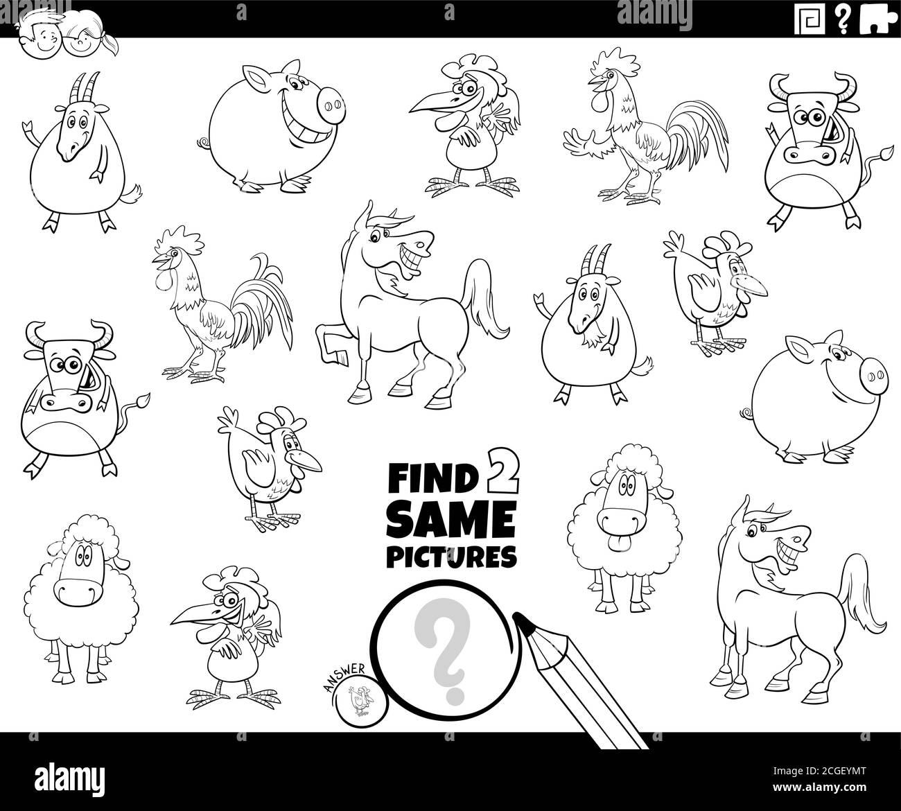 Dessin animé noir et blanc Illustration de la recherche de deux images identiques Livre de coloriage pour les enfants avec des personnages d'animaux de ferme Page Illustration de Vecteur