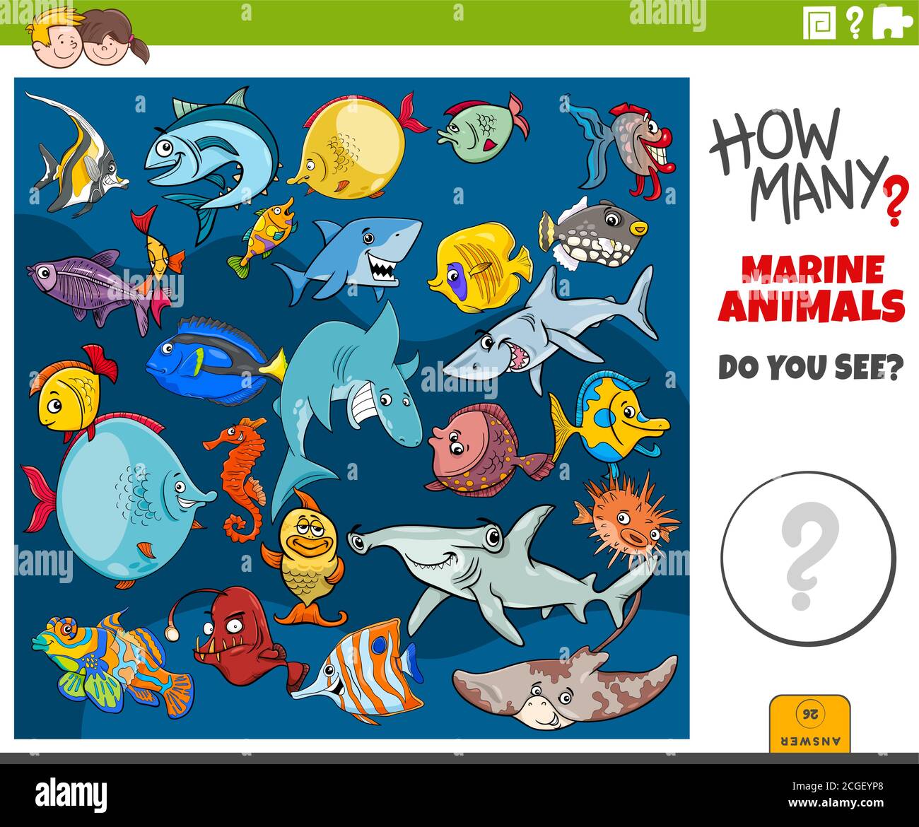 Illustration du jeu de comptage éducatif pour les enfants avec dessin animé drôle Groupe de caractères poissons et animaux marins Illustration de Vecteur