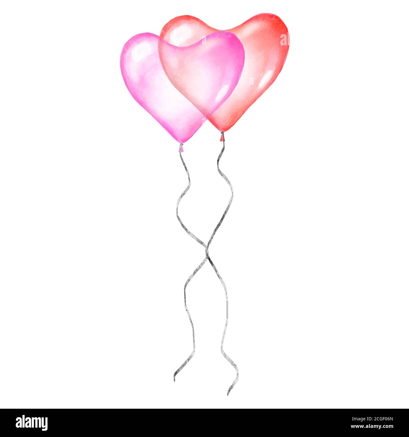 Les ballons en forme de coeur adorent l'icône romantique. Couple aquarelle rouge et rose heureux vacances hélium air ballons en forme de coeur isolé sur le backgro blanc Illustration de Vecteur