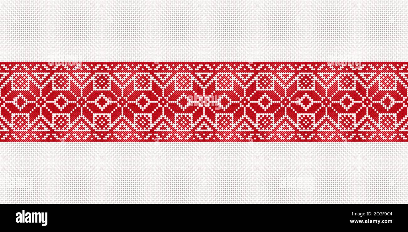 Drapeau vectoriel blanc-rouge-blanc, symbole de la liberté Biélorussie avec ornement national de biélorussie. Modèle ethnique slave. Broderie, point de croix Illustration de Vecteur