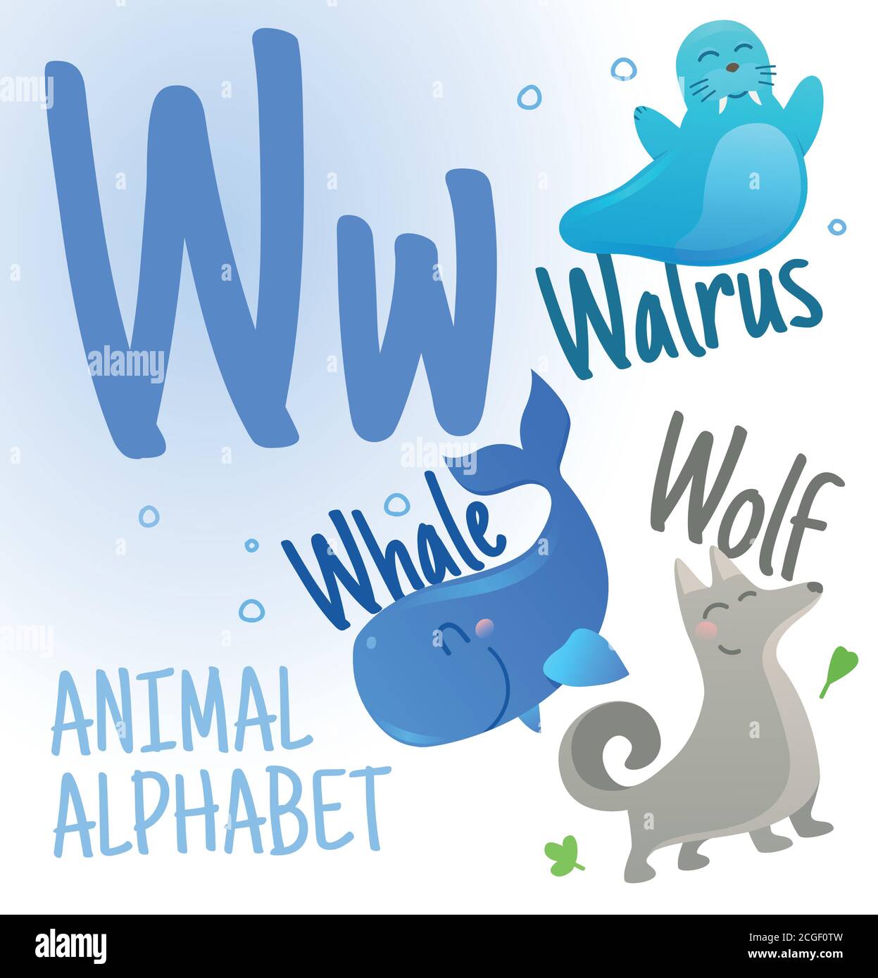 Alphabet animal en vecteur. Lettre W. Animaux de dessin animé très mignons Walrus, Wolf, Whale. Illustration de Vecteur
