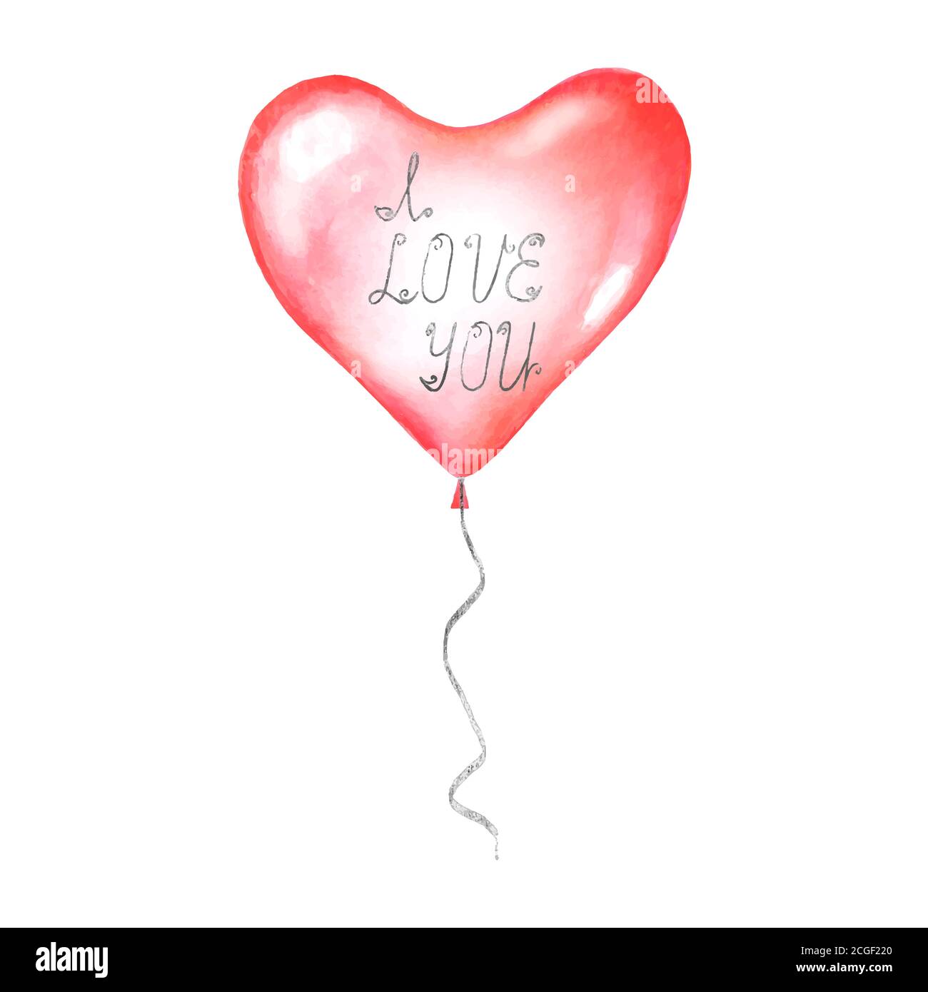 Je VOUS AIME la calligraphie faite à la main lettres argentées sur aquarelle rouge brillant hélium vol ballon en forme de coeur isolé sur fond blanc. WA Illustration de Vecteur