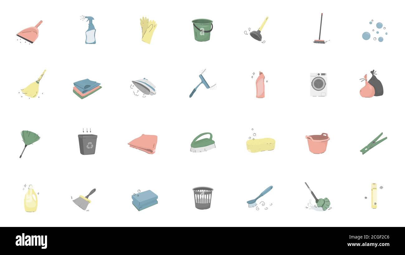 Kit d'illustrations de service de nettoyage. Blanchisserie et nettoyage à sec Illustration de Vecteur