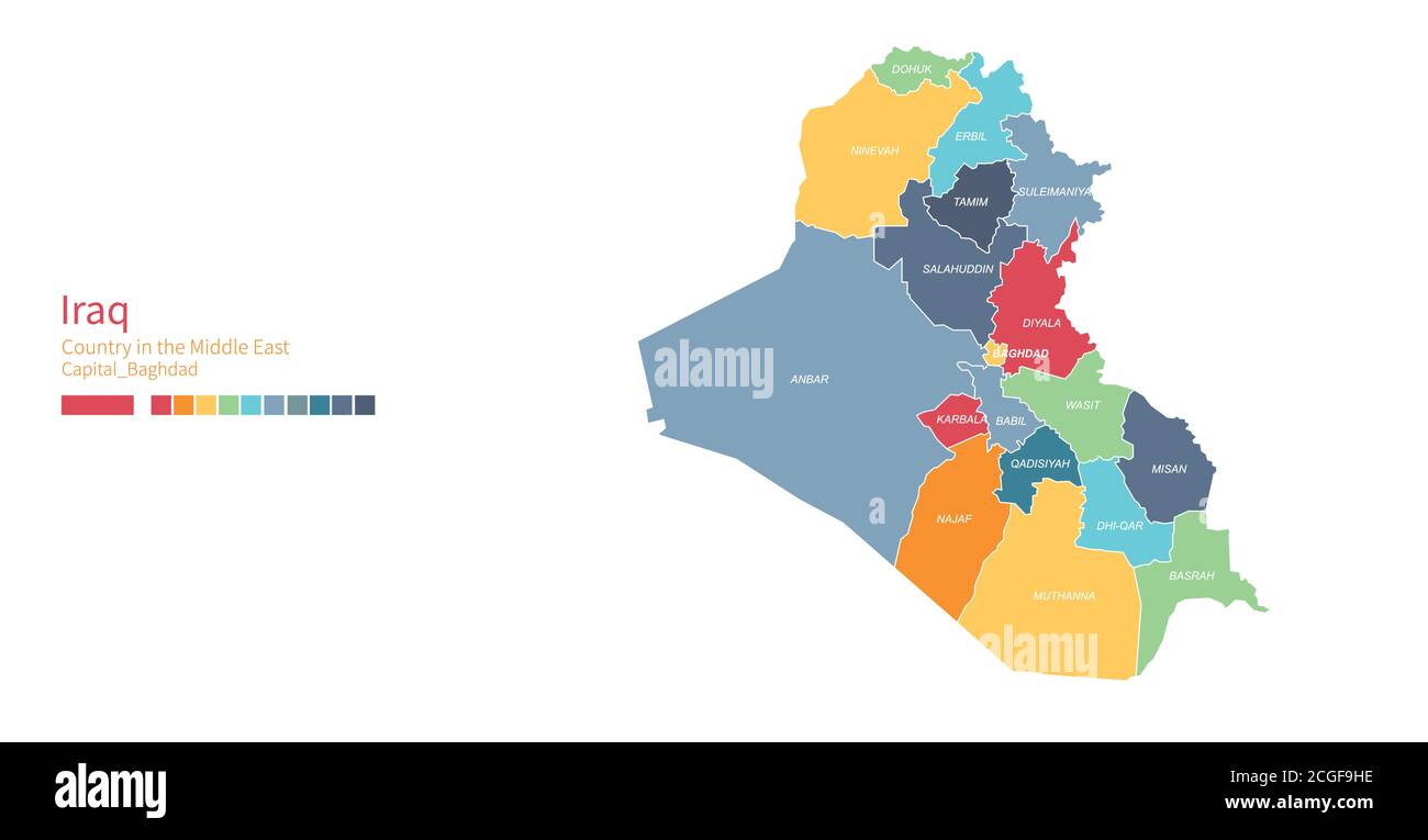 Carte de l'Irak. Carte vectorielle détaillée et colorée du pays du Moyen-Orient. Illustration de Vecteur