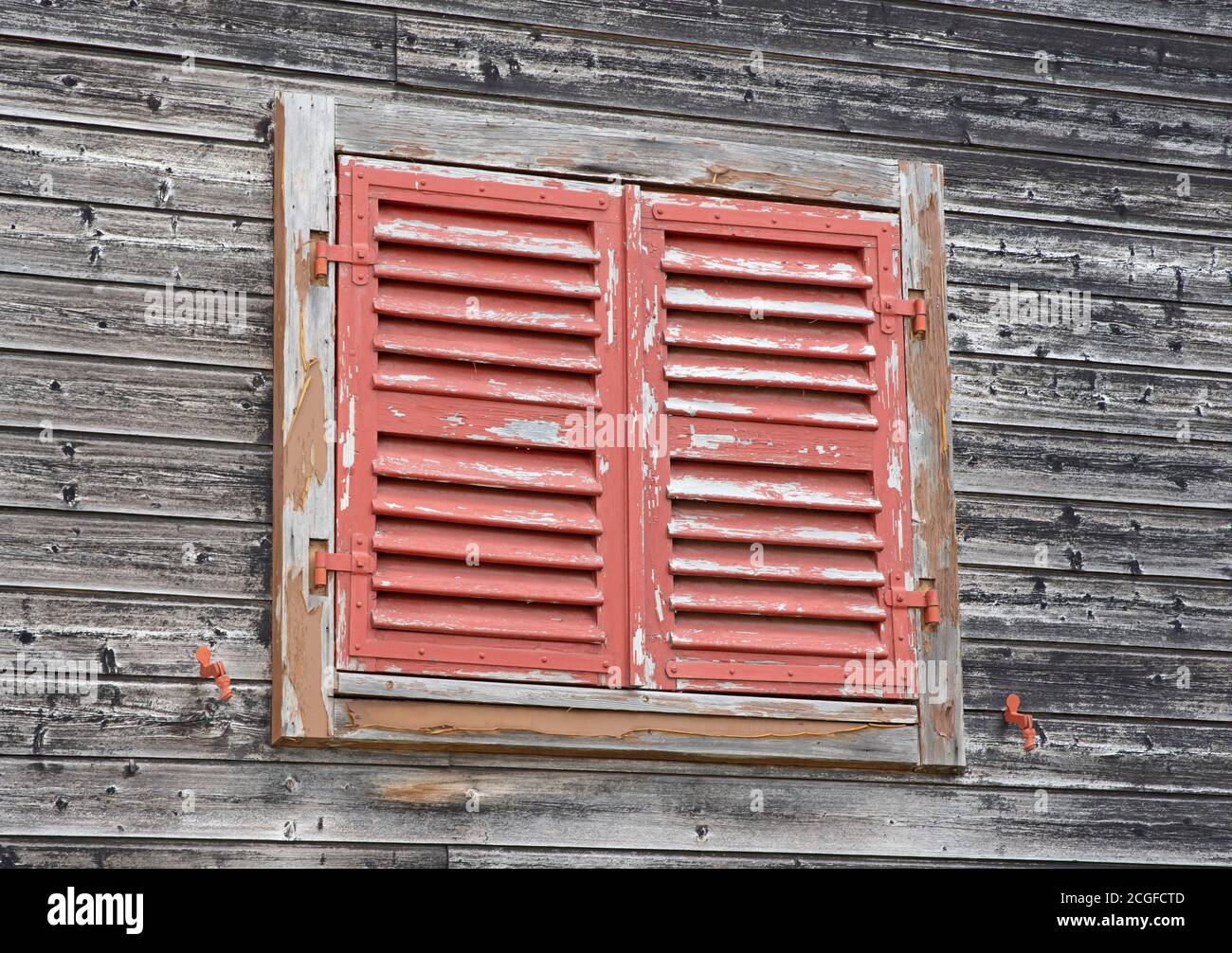 Vieux volets rouges sur un mur en bois, ayant besoin d'un peu de peinture fraîche Banque D'Images