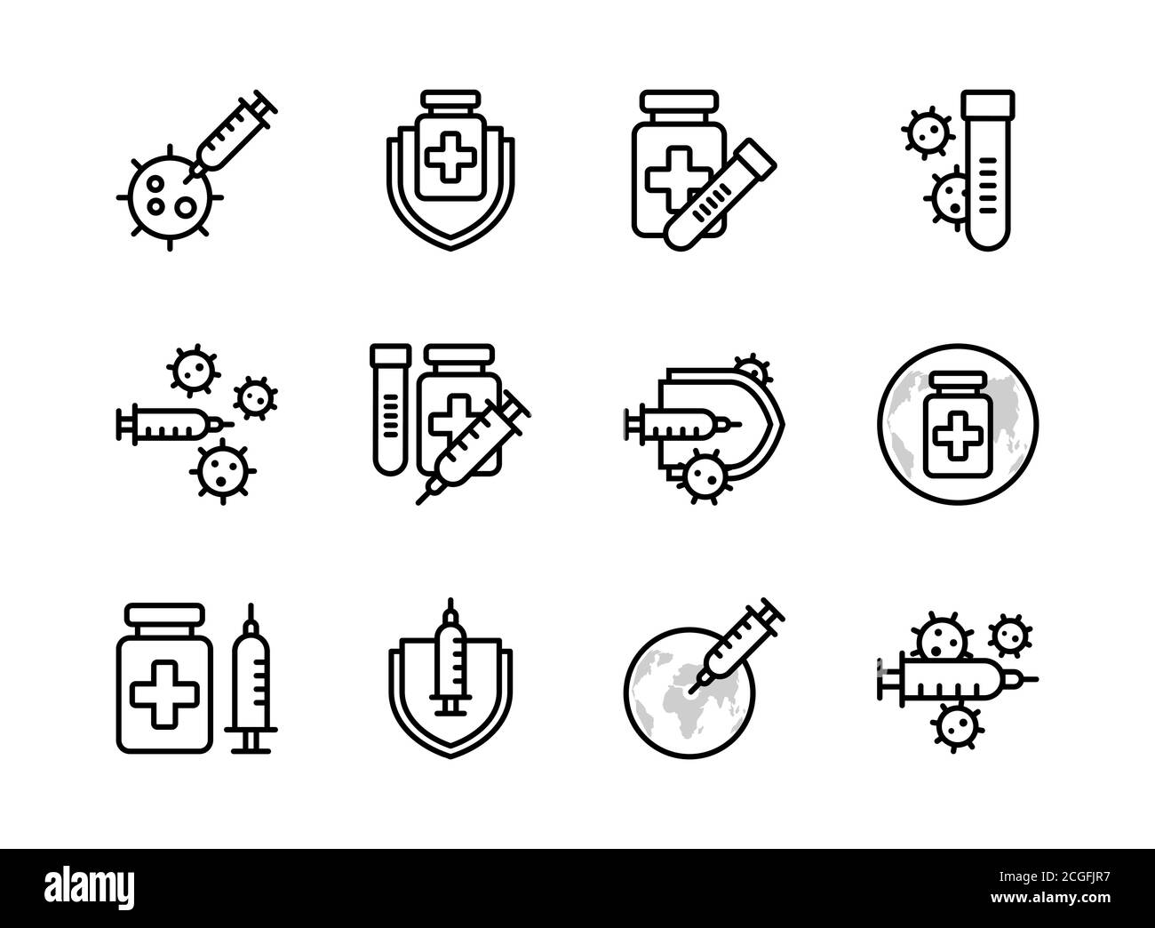 Style de contour de l'icône du vaccin Covid-19. Affiche et symbole pour websit, imprimé, autocollant, bannière, affiche. Illustration de Vecteur