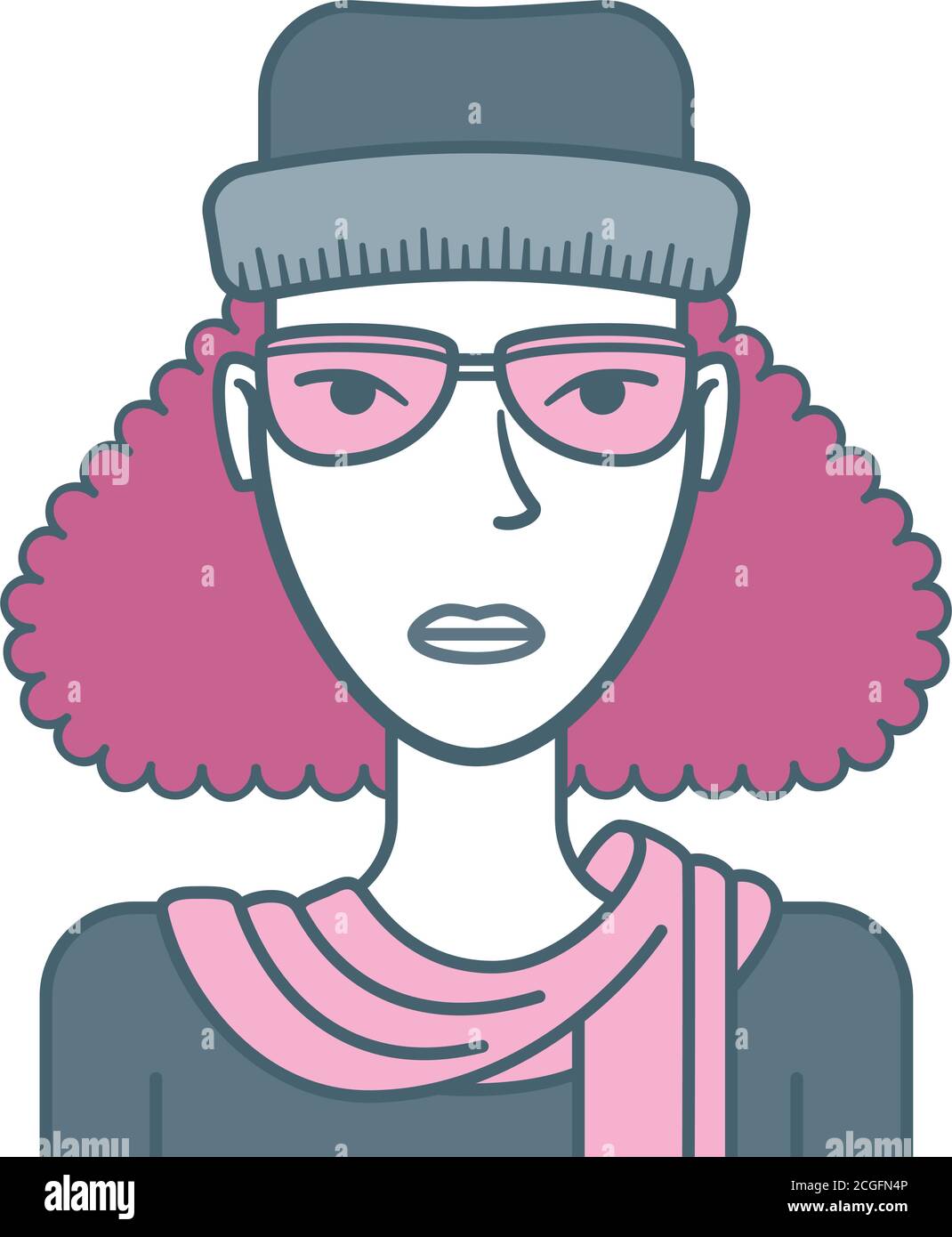 Avatar stylisé d'une jeune fille attrayante, de couleur grise et rose. Illustration de Vecteur