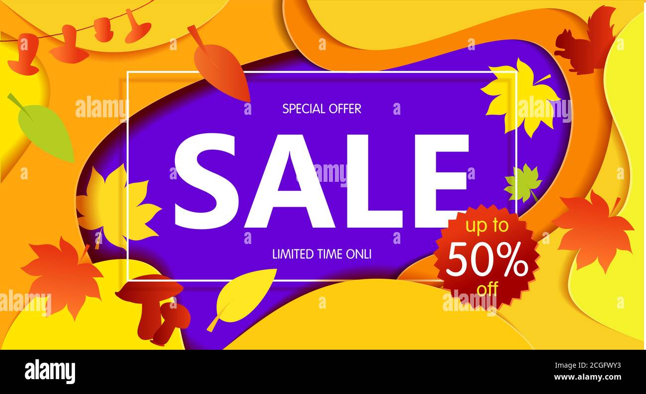 Bright Banner ventes d'automne avec feuilles. Dans des tons de rouge jaune. Illustrations vectorielles, art papier et artisanat numérique. Illustration de Vecteur