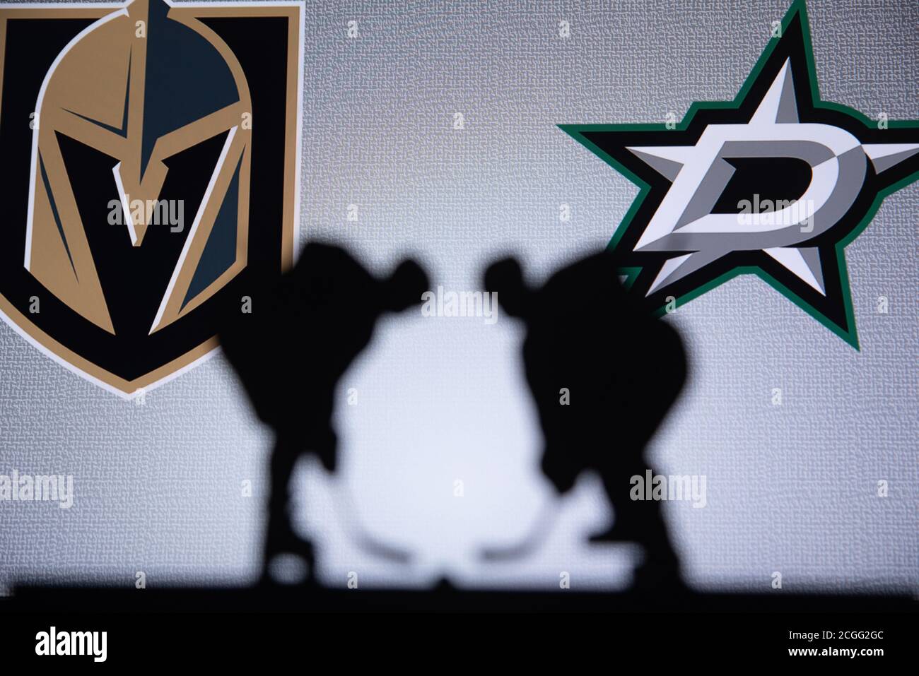 TORONTO, CANADA, SEPTEMBRE. 11. 2020: Finale de la coupe Stanley de la LNH, Vegas Golden Knights vs Dallas Stars. Photo de silhouette, trophée. Logo au dos Banque D'Images