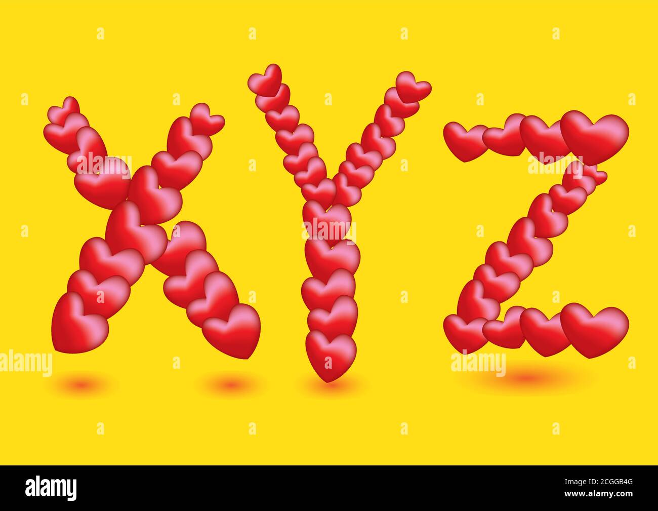 Polices vectorielles en forme de coeur rouge pour Saint-Valentin et occasions spéciales. Les alphabets X, y et Z sont isolés sur fond jaune Illustration de Vecteur