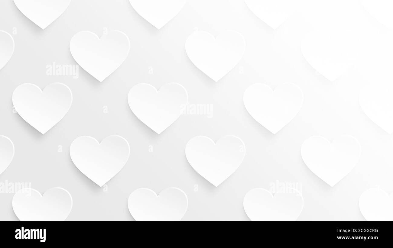 De nombreux coeurs blancs sur un fond gris clair. Symbole de l'amour et de la Saint-Valentin. Arrière-plan abstrait conceptuel moderne et tendance en résolution 4k. Banque D'Images